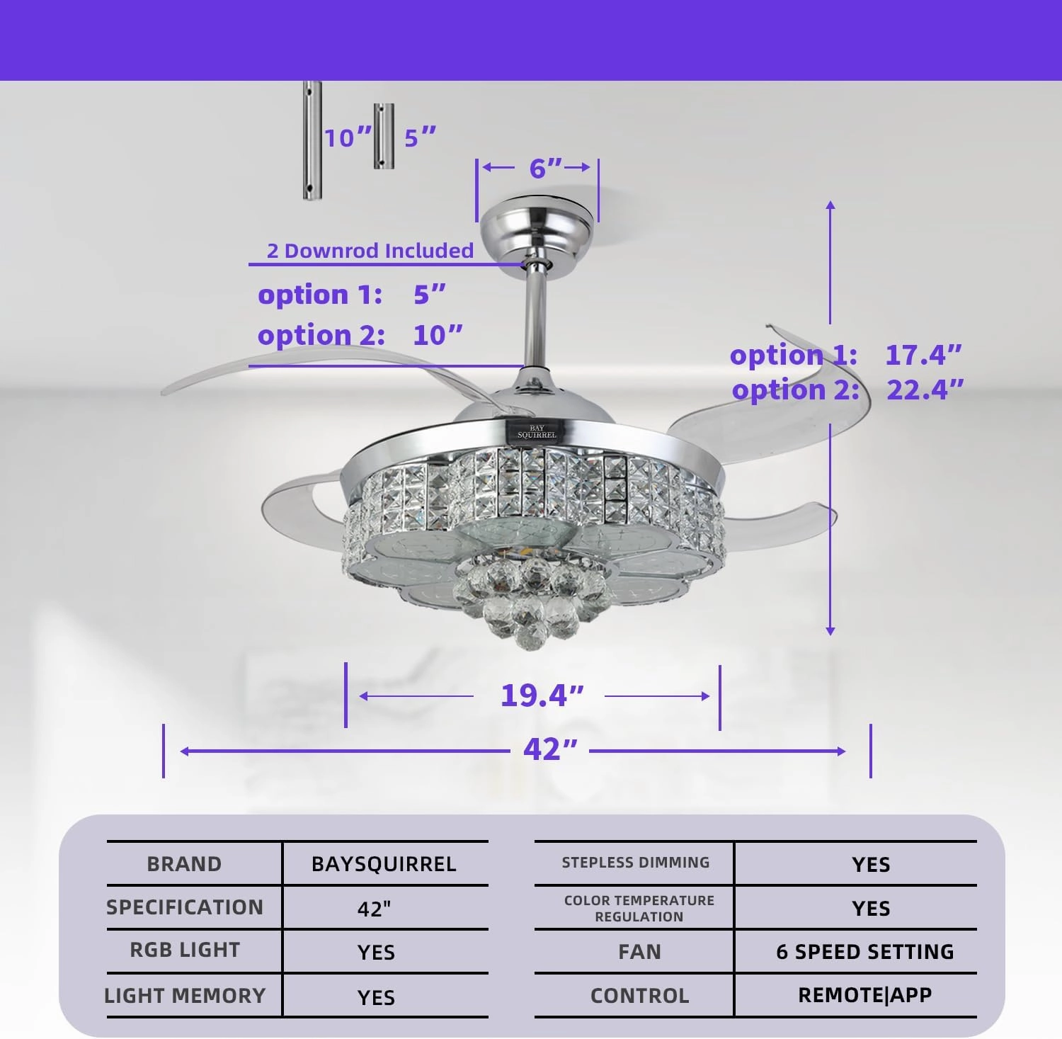 BAYSQUIRREL Retractable Crystal Ceiling Fan with Light and Remote/APP Control, Bluetooth Ceiling Fan with Speaker, RGB-LED Light 6 Speeds Reversible Blades,Flush Mount Chandelier Ceiling Fan