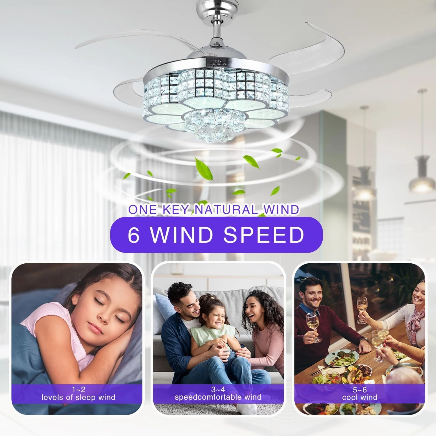 BAYSQUIRREL Retractable Crystal Ceiling Fan with Light and Remote/APP Control, Bluetooth Ceiling Fan with Speaker, RGB-LED Light 6 Speeds Reversible Blades,Flush Mount Chandelier Ceiling Fan