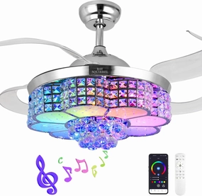 BAYSQUIRREL Retractable Crystal Ceiling Fan with Light and Remote/APP Control, Bluetooth Ceiling Fan with Speaker, RGB-LED Light 6 Speeds Reversible Blades,Flush Mount Chandelier Ceiling Fan App-controlled remote fan for convenience