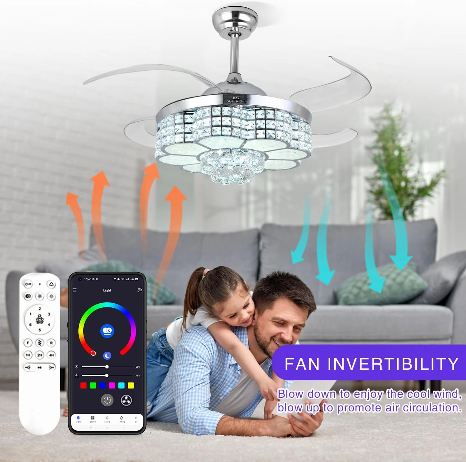 BAYSQUIRREL Retractable Crystal Ceiling Fan with Light and Remote/APP Control, Bluetooth Ceiling Fan with Speaker, RGB-LED Light 6 Speeds Reversible Blades,Flush Mount Chandelier Ceiling Fan