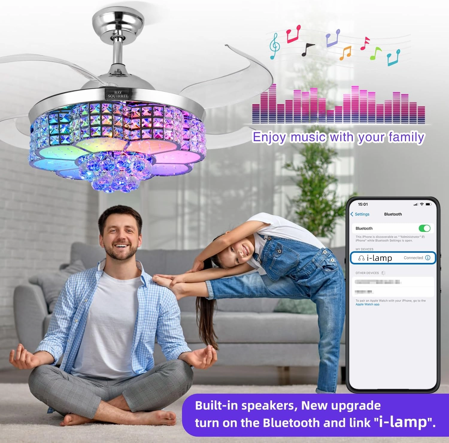 BAYSQUIRREL Retractable Crystal Ceiling Fan with Light and Remote/APP Control, Bluetooth Ceiling Fan with Speaker, RGB-LED Light 6 Speeds Reversible Blades,Flush Mount Chandelier Ceiling Fan