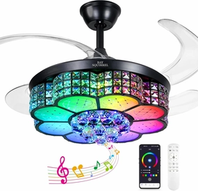 BAYSQUIRREL Retractable Crystal Ceiling Fan with Light, Bluetooth Ceiling Fans with Speaker and Remote/APP Control, 6 Speeds Reversible Blades, RGB-LED Dimmable Chandelier Ceiling Fan App-controlled remote fan for convenience