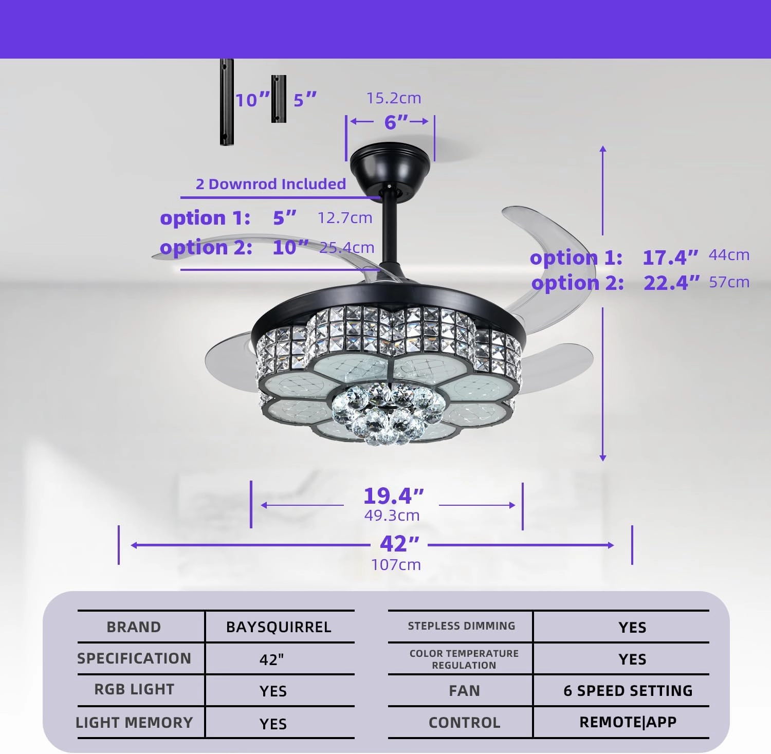 BAYSQUIRREL Retractable Crystal Ceiling Fan with Light, Bluetooth Ceiling Fans with Speaker and Remote/APP Control, 6 Speeds Reversible Blades, RGB-LED Dimmable Chandelier Ceiling Fan