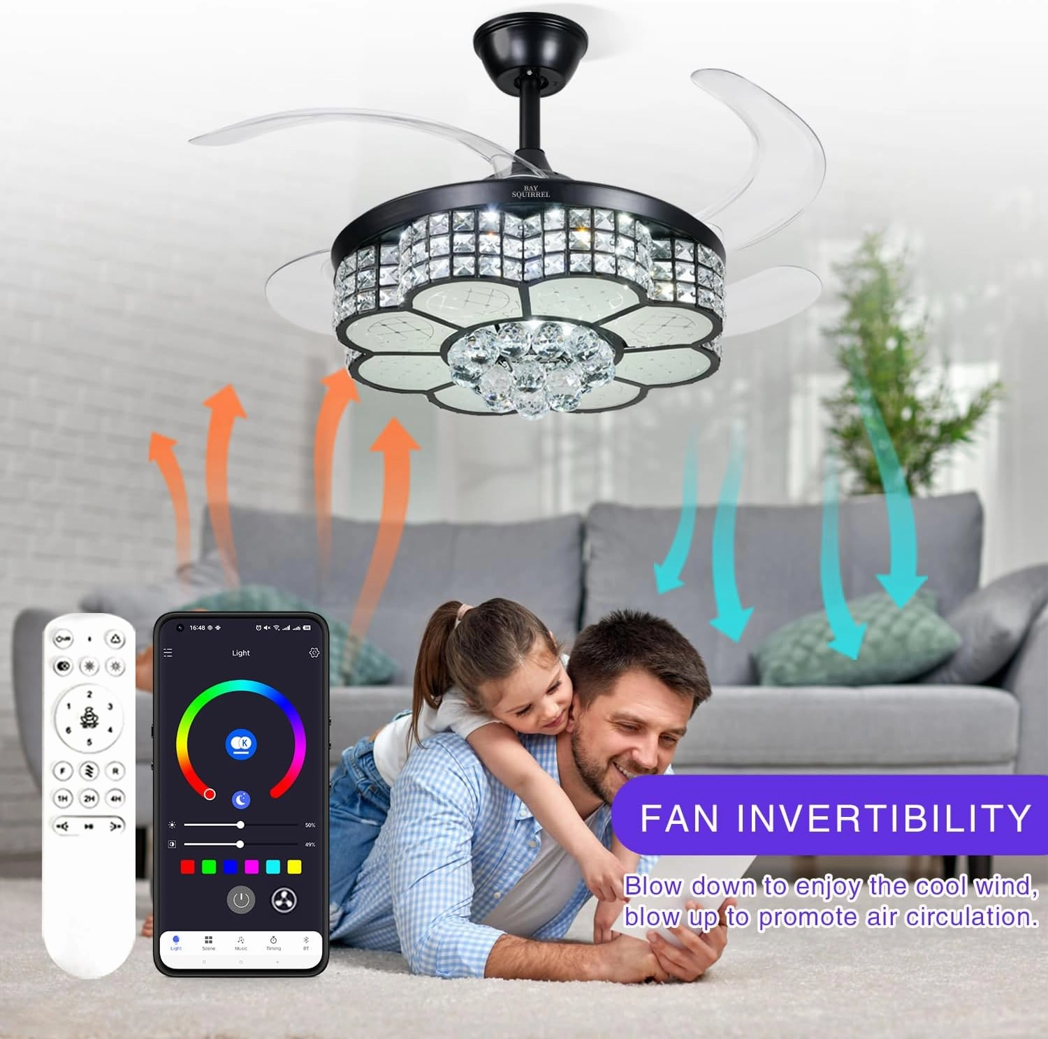 BAYSQUIRREL Retractable Crystal Ceiling Fan with Light, Bluetooth Ceiling Fans with Speaker and Remote/APP Control, 6 Speeds Reversible Blades, RGB-LED Dimmable Chandelier Ceiling Fan