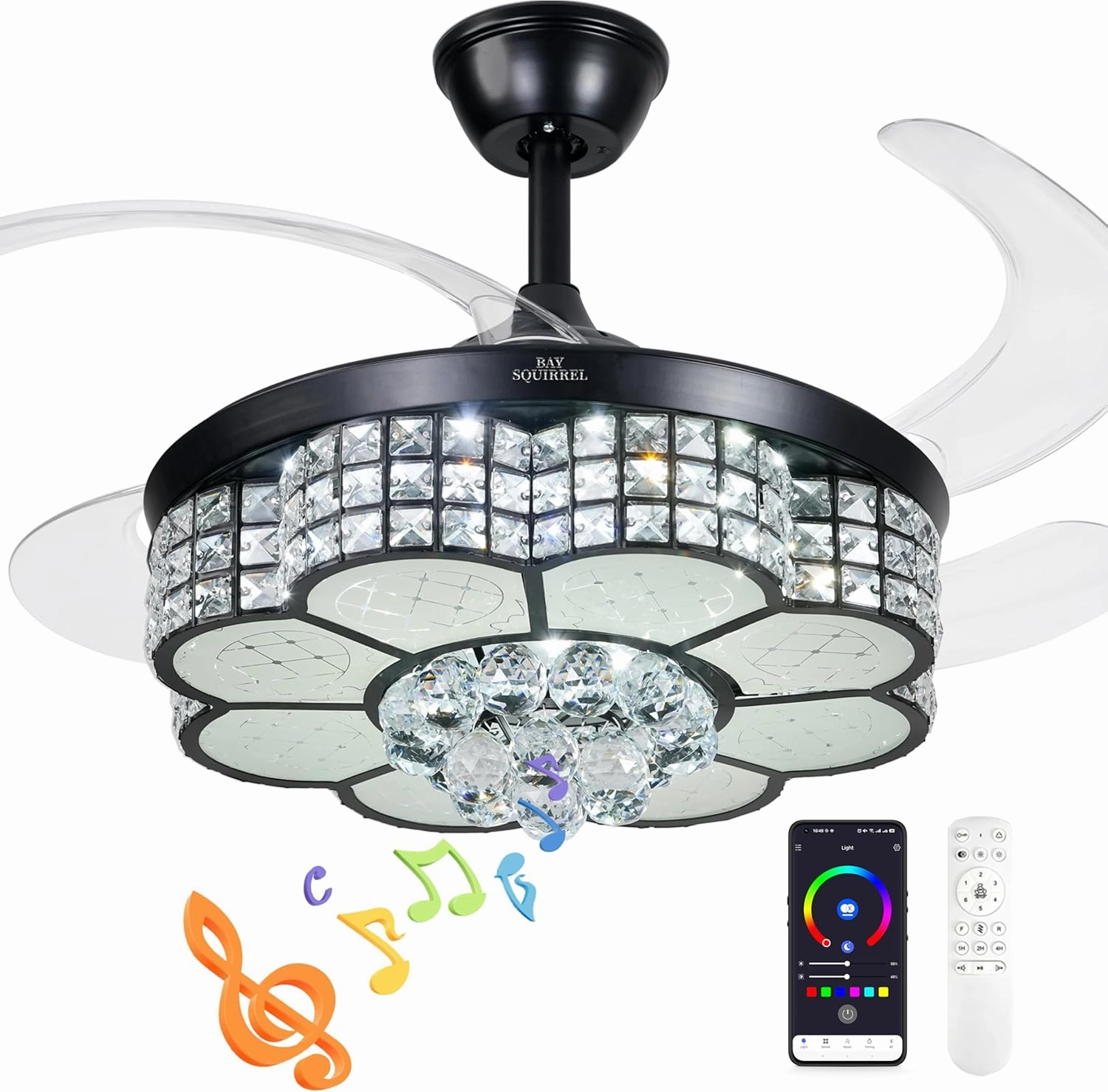 BAYSQUIRREL Retractable Crystal Ceiling Fan with Light, Bluetooth Ceiling Fans with Speaker and Remote/APP Control, 6 Speeds Reversible Blades, RGB-LED Dimmable Chandelier Ceiling Fan