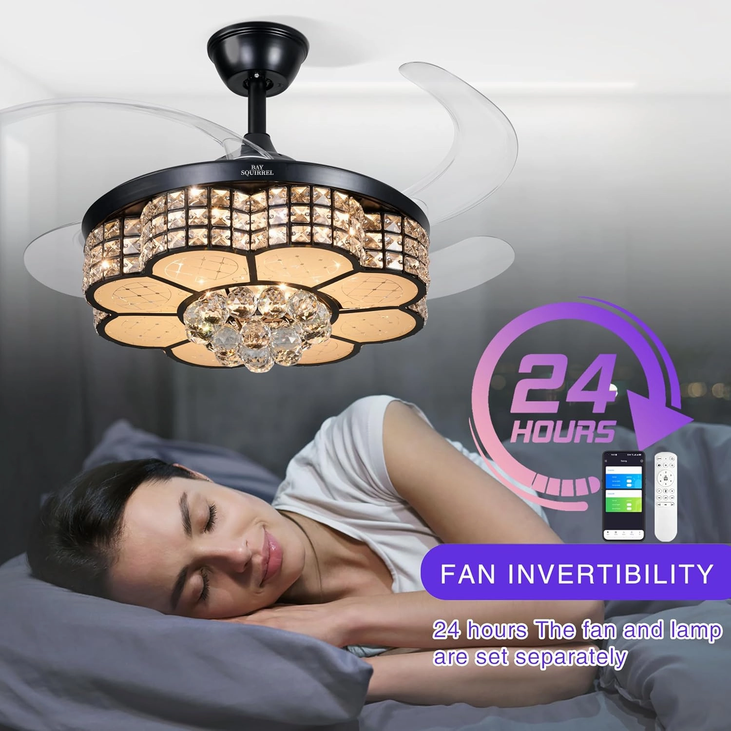 BAYSQUIRREL Retractable Crystal Ceiling Fan with Light, Bluetooth Ceiling Fans with Speaker and Remote/APP Control, 6 Speeds Reversible Blades, RGB-LED Dimmable Chandelier Ceiling Fan