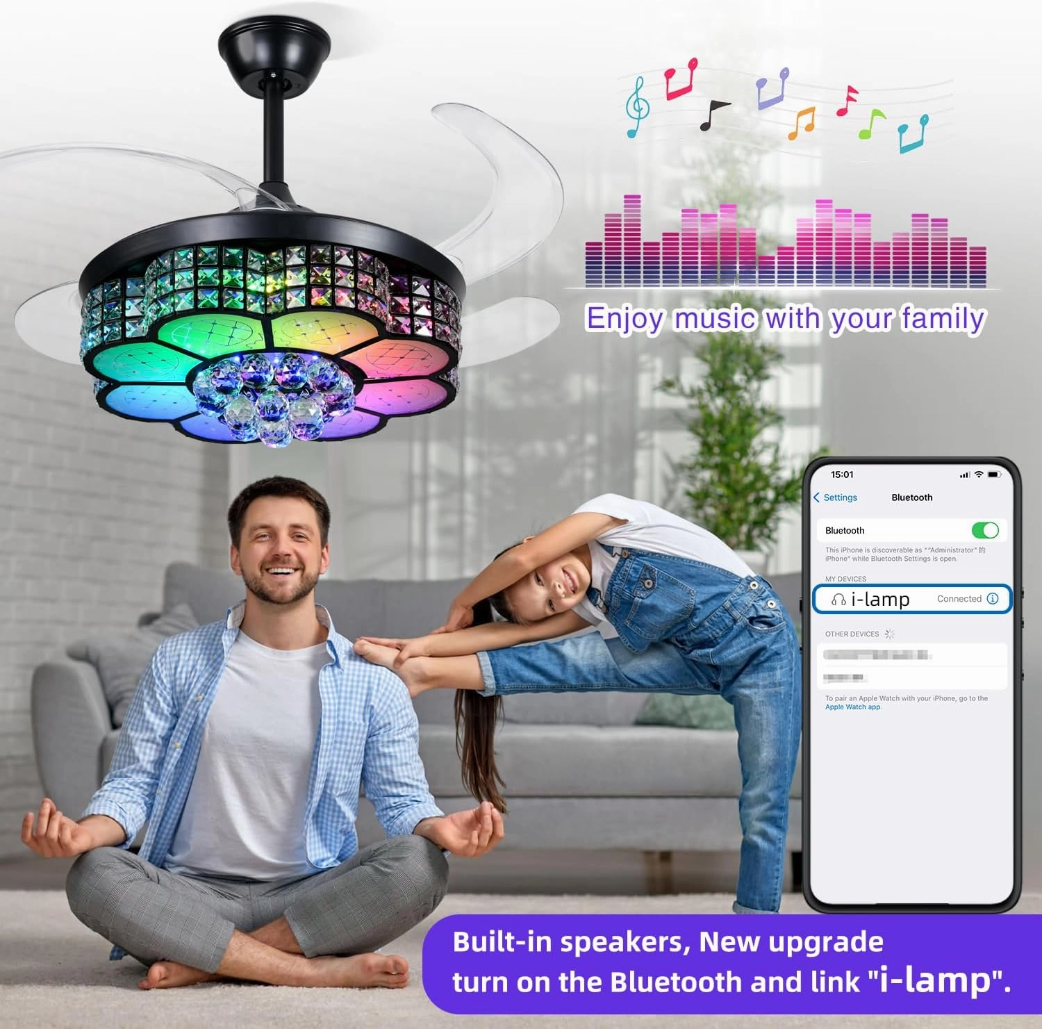 BAYSQUIRREL Retractable Crystal Ceiling Fan with Light, Bluetooth Ceiling Fans with Speaker and Remote/APP Control, 6 Speeds Reversible Blades, RGB-LED Dimmable Chandelier Ceiling Fan
