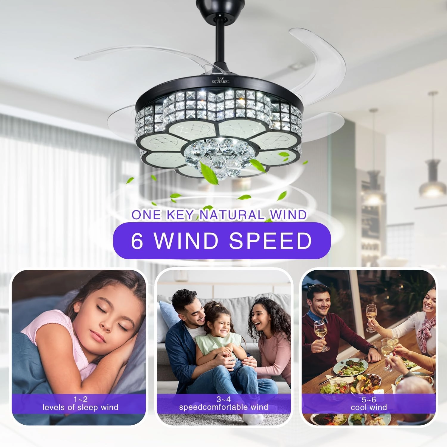 BAYSQUIRREL Retractable Crystal Ceiling Fan with Light, Bluetooth Ceiling Fans with Speaker and Remote/APP Control, 6 Speeds Reversible Blades, RGB-LED Dimmable Chandelier Ceiling Fan