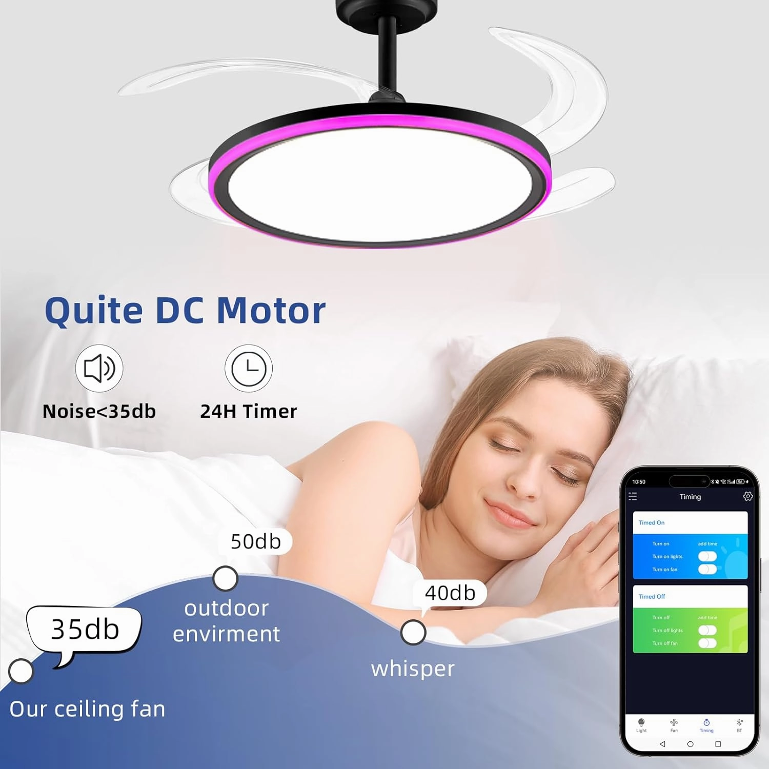 BAYSQUIRREL Slim Retractable Ceiling Fan with Light and APP/Remote Control, 42in Modern Smart RGB Ceiling Fan with Bluetooth Speaker, Dimmable Full Spectrum with Memory, 6-Speed Reversible Fan, Black