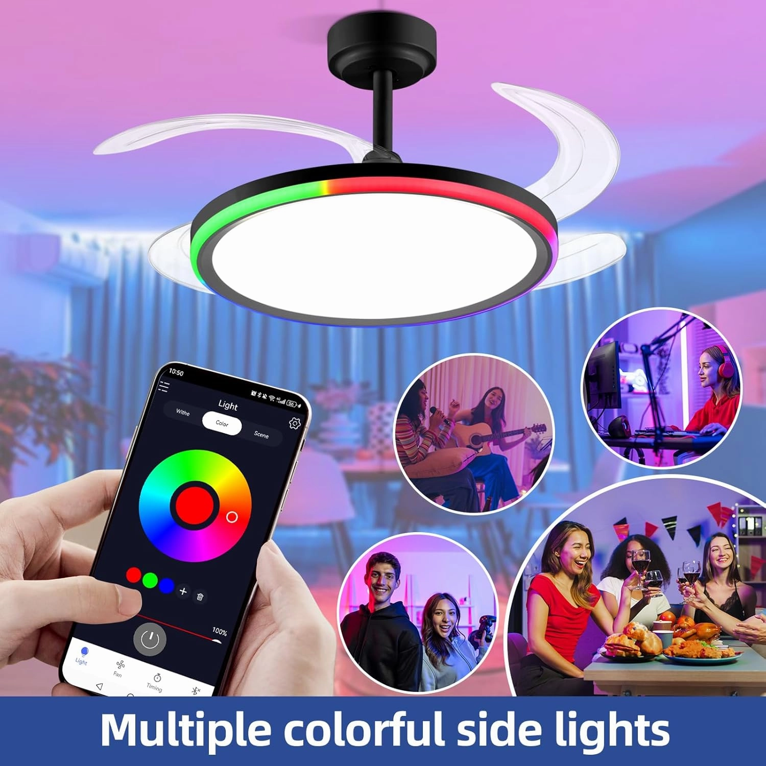 BAYSQUIRREL Slim Retractable Ceiling Fan with Light and APP/Remote Control, 42in Modern Smart RGB Ceiling Fan with Bluetooth Speaker, Dimmable Full Spectrum with Memory, 6-Speed Reversible Fan, Black