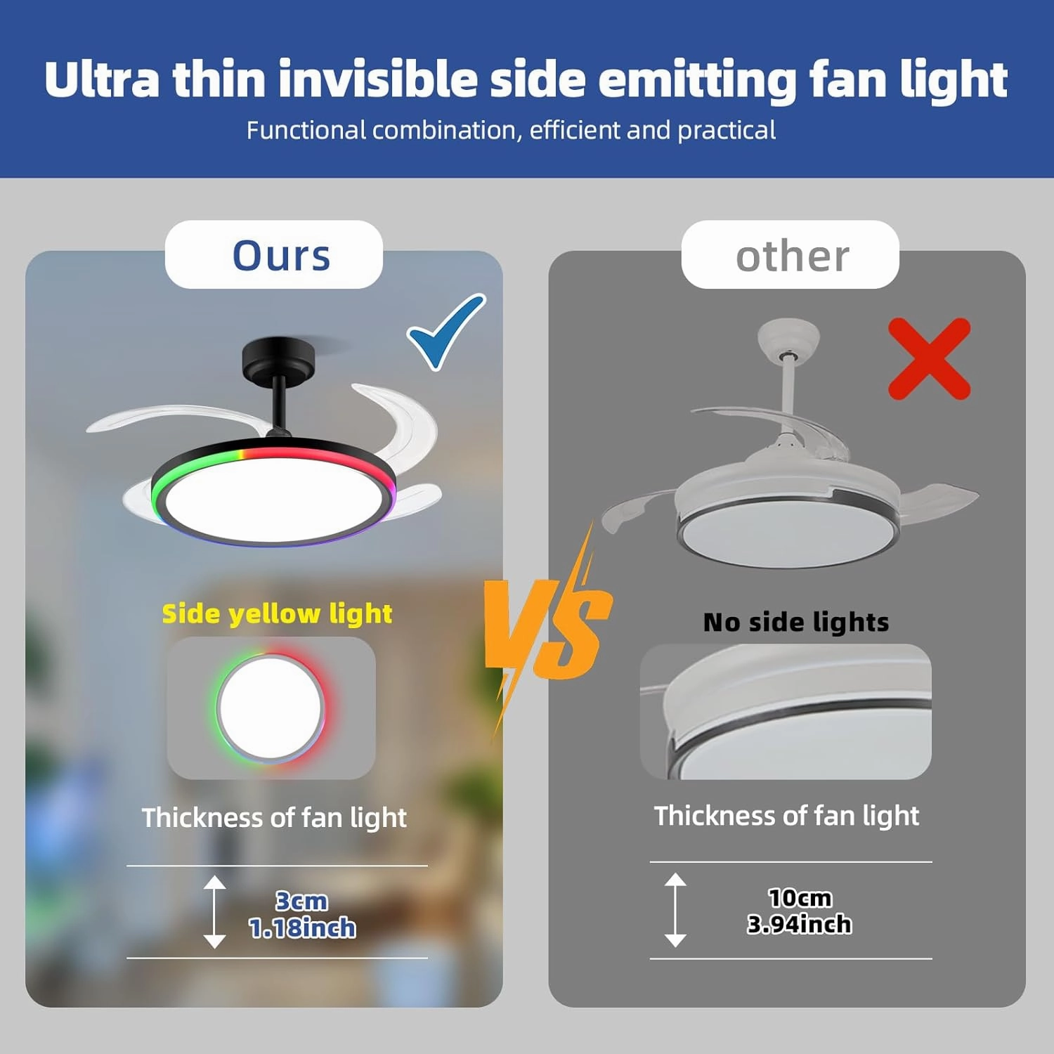 BAYSQUIRREL Slim Retractable Ceiling Fan with Light and APP/Remote Control, 42in Modern Smart RGB Ceiling Fan with Bluetooth Speaker, Dimmable Full Spectrum with Memory, 6-Speed Reversible Fan, Black