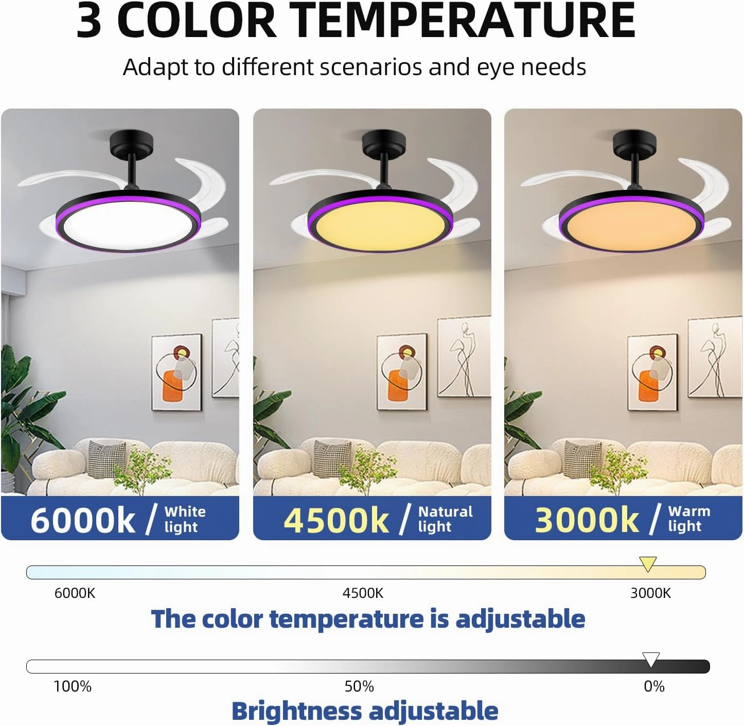 BAYSQUIRREL Slim Retractable Ceiling Fan with Light and APP/Remote Control, 42in Modern Smart RGB Ceiling Fan with Bluetooth Speaker, Dimmable Full Spectrum with Memory, 6-Speed Reversible Fan, Black