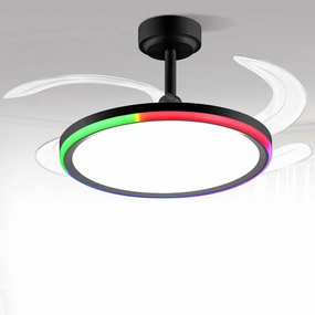 BAYSQUIRREL Slim Retractable Ceiling Fan with Light and APP/Remote Control, 42in Modern Smart RGB Ceiling Fan with Bluetooth Speaker, Dimmable Full Spectrum with Memory, 6-Speed Reversible Fan, Black App-controlled remote fan for convenience