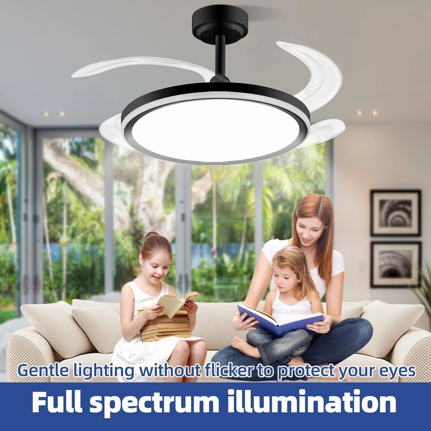 BAYSQUIRREL Slim Retractable Ceiling Fan with Light and APP/Remote Control, 42in Modern Smart RGB Ceiling Fan with Bluetooth Speaker, Dimmable Full Spectrum with Memory, 6-Speed Reversible Fan, Black