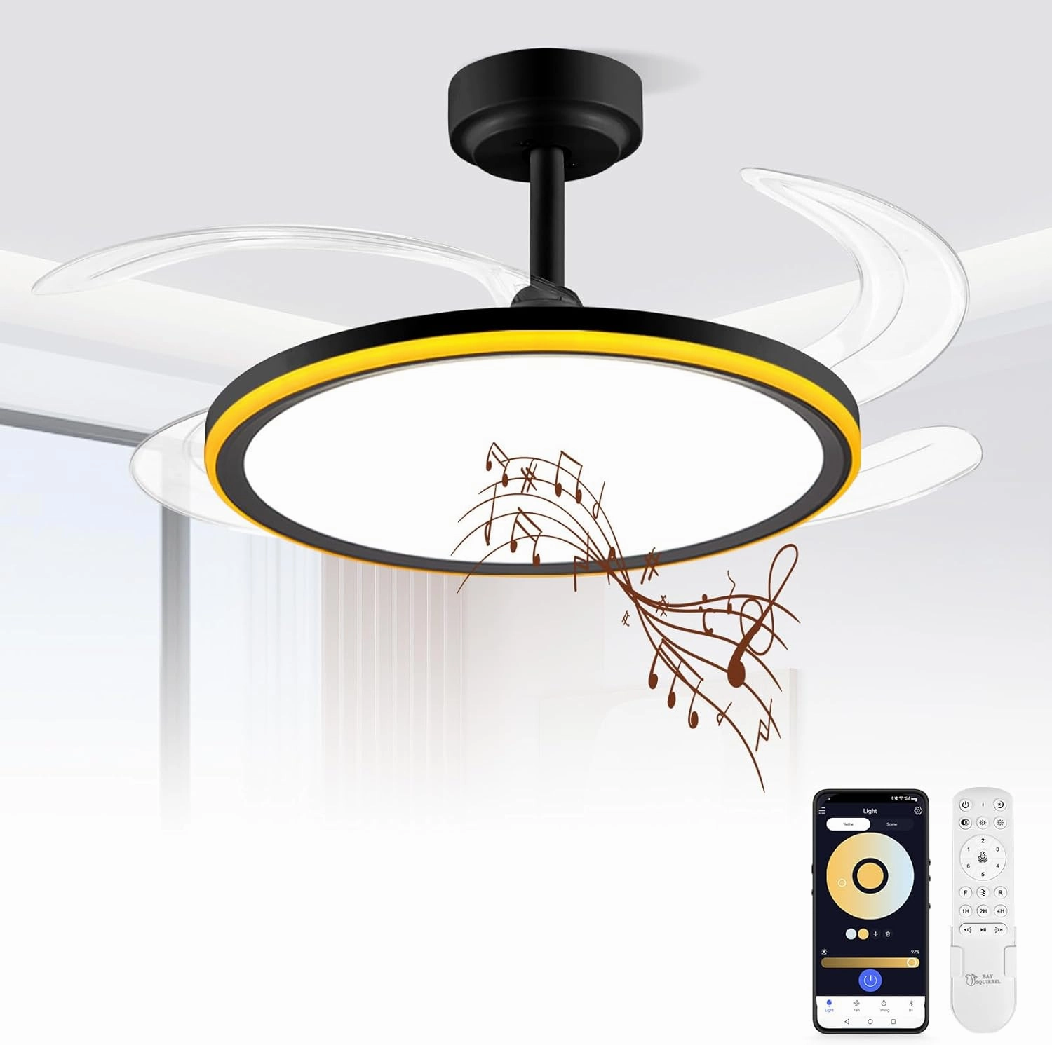 BAYSQUIRREL Slim Retractable Ceiling Fan with Light and APP/Remote Control, 42inch Modern Smart Ceiling Fan with Bluetooth Speaker, Dimmable Full Spectrum with Memory, 6-Speed Reversible Fan,Black App-controlled remote fan for convenience