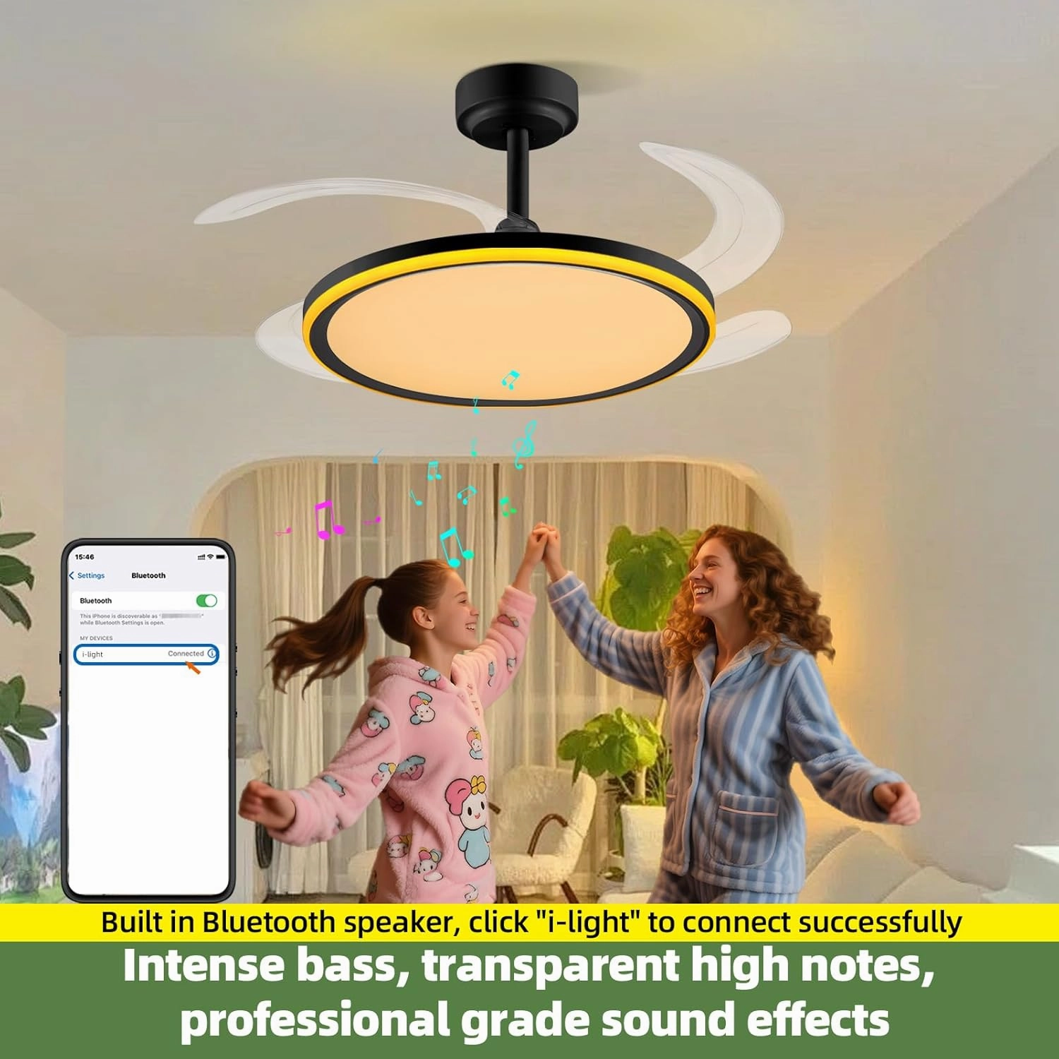 BAYSQUIRREL Slim Retractable Ceiling Fan with Light and APP/Remote Control, 42inch Modern Smart Ceiling Fan with Bluetooth Speaker, Dimmable Full Spectrum with Memory, 6-Speed Reversible Fan,Black