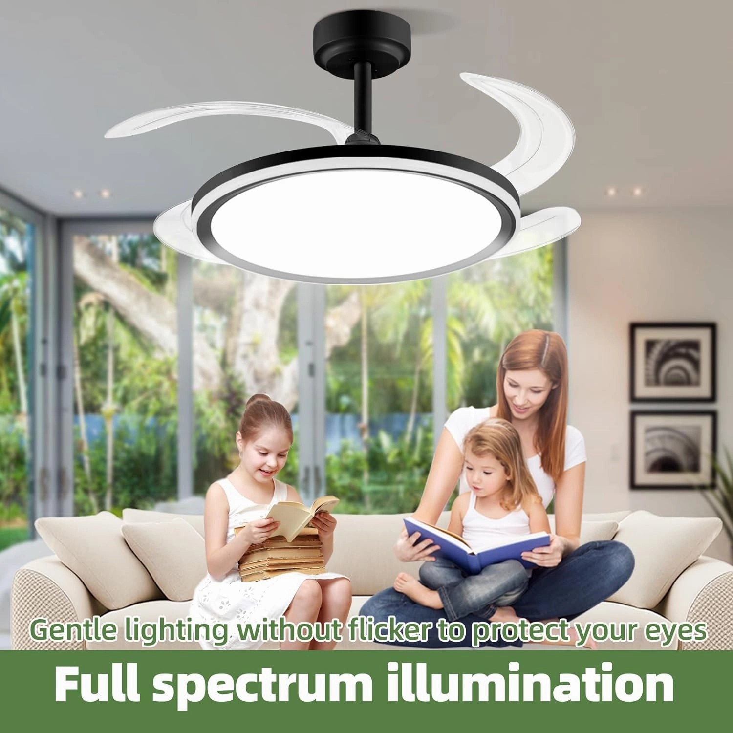 BAYSQUIRREL Slim Retractable Ceiling Fan with Light and APP/Remote Control, 42inch Modern Smart Ceiling Fan with Bluetooth Speaker, Dimmable Full Spectrum with Memory, 6-Speed Reversible Fan,Black