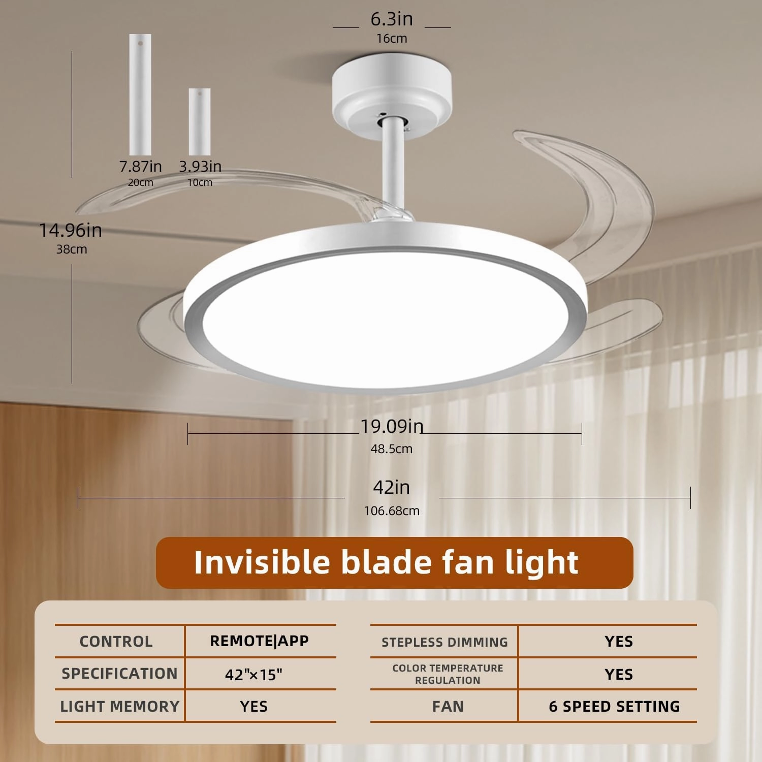 BAYSQUIRREL Slim Retractable Ceiling Fan with Lights and Remote/APP Control, 6 Speed Dimmable Reversible Memory, 42 Inch Modern Silent Smart Fan for Bedroom Living Room Dinning Room