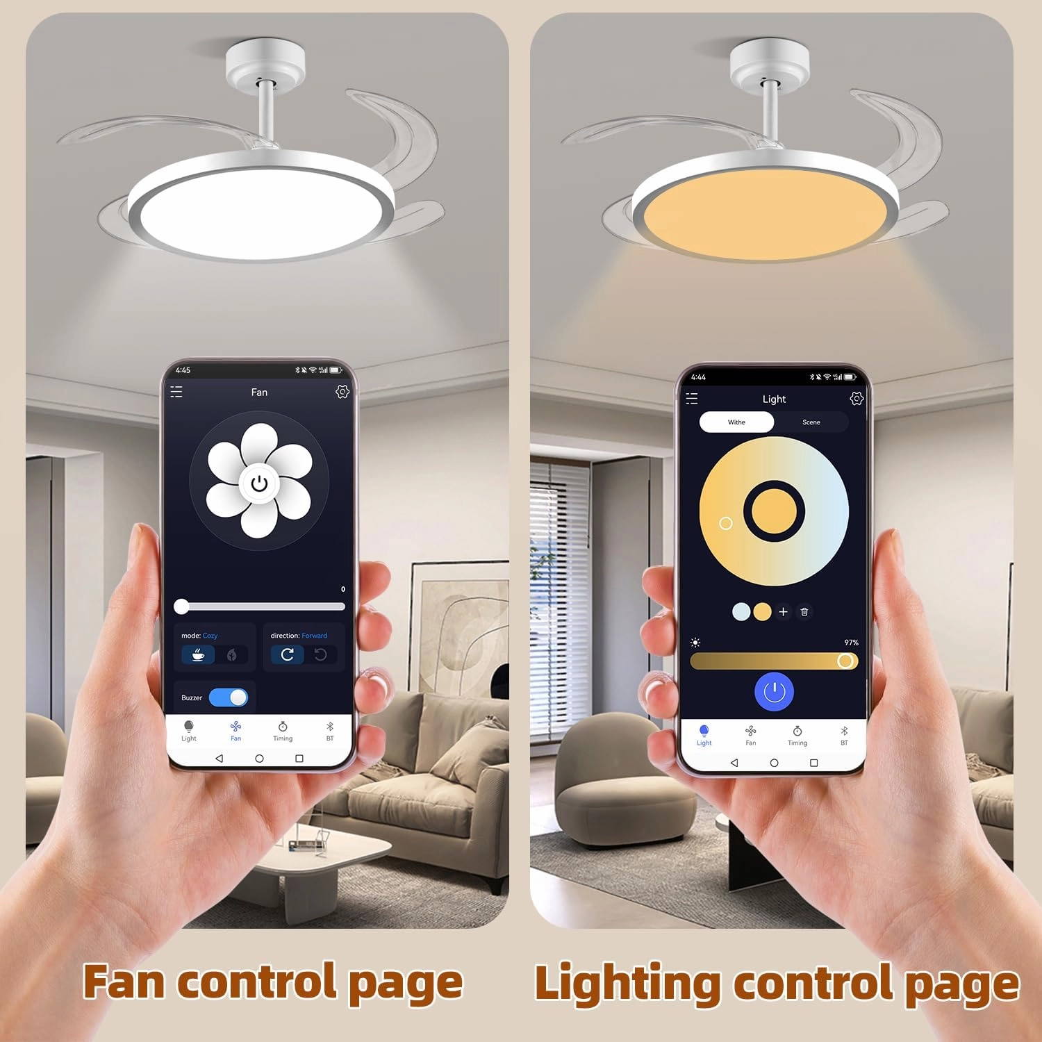 BAYSQUIRREL Slim Retractable Ceiling Fan with Lights and Remote/APP Control, 6 Speed Dimmable Reversible Memory, 42 Inch Modern Silent Smart Fan for Bedroom Living Room Dinning Room