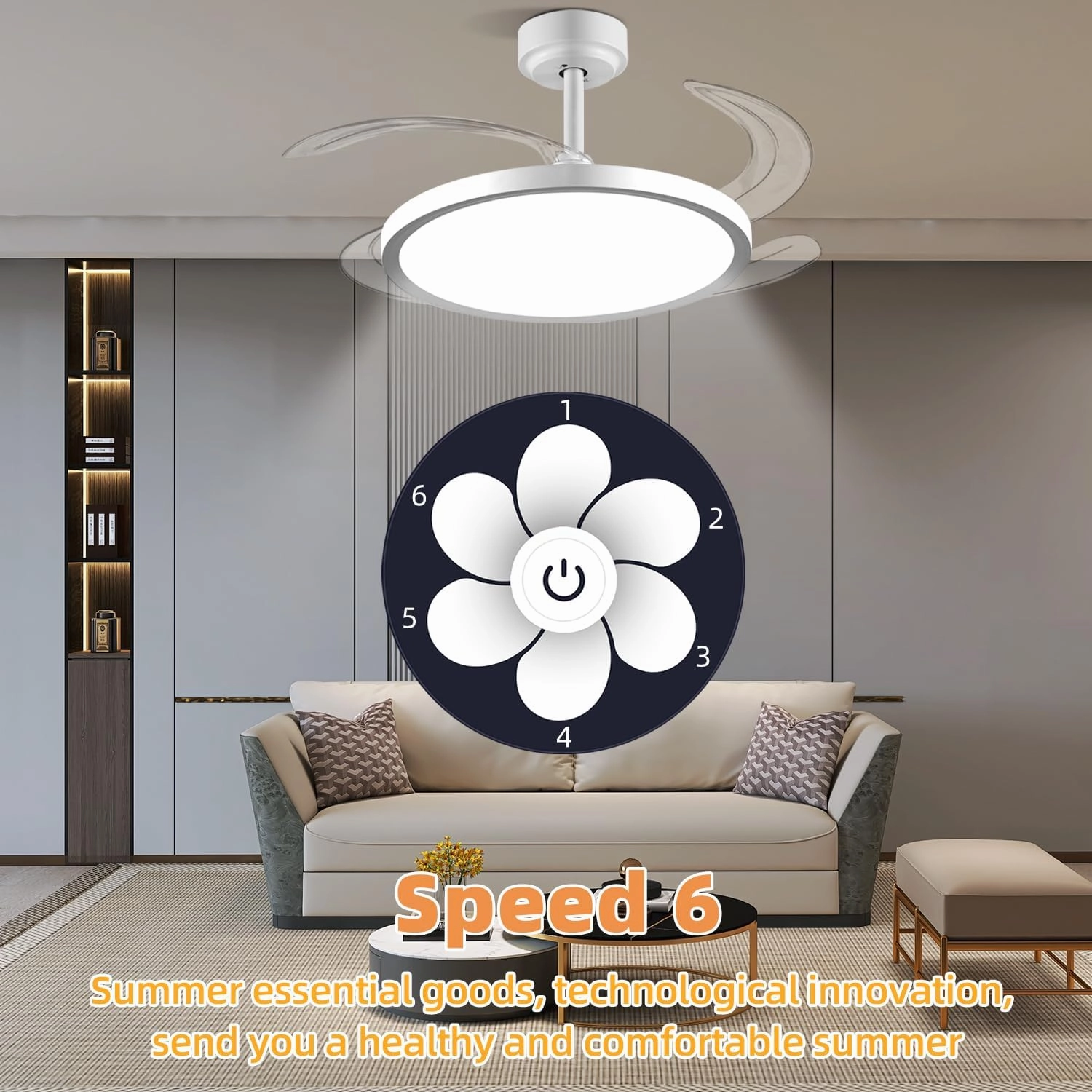 BAYSQUIRREL Slim Retractable Ceiling Fan with Lights and Remote/APP Control, 6 Speed Dimmable Reversible Memory, 42 Inch Modern Silent Smart Fan for Bedroom Living Room Dinning Room