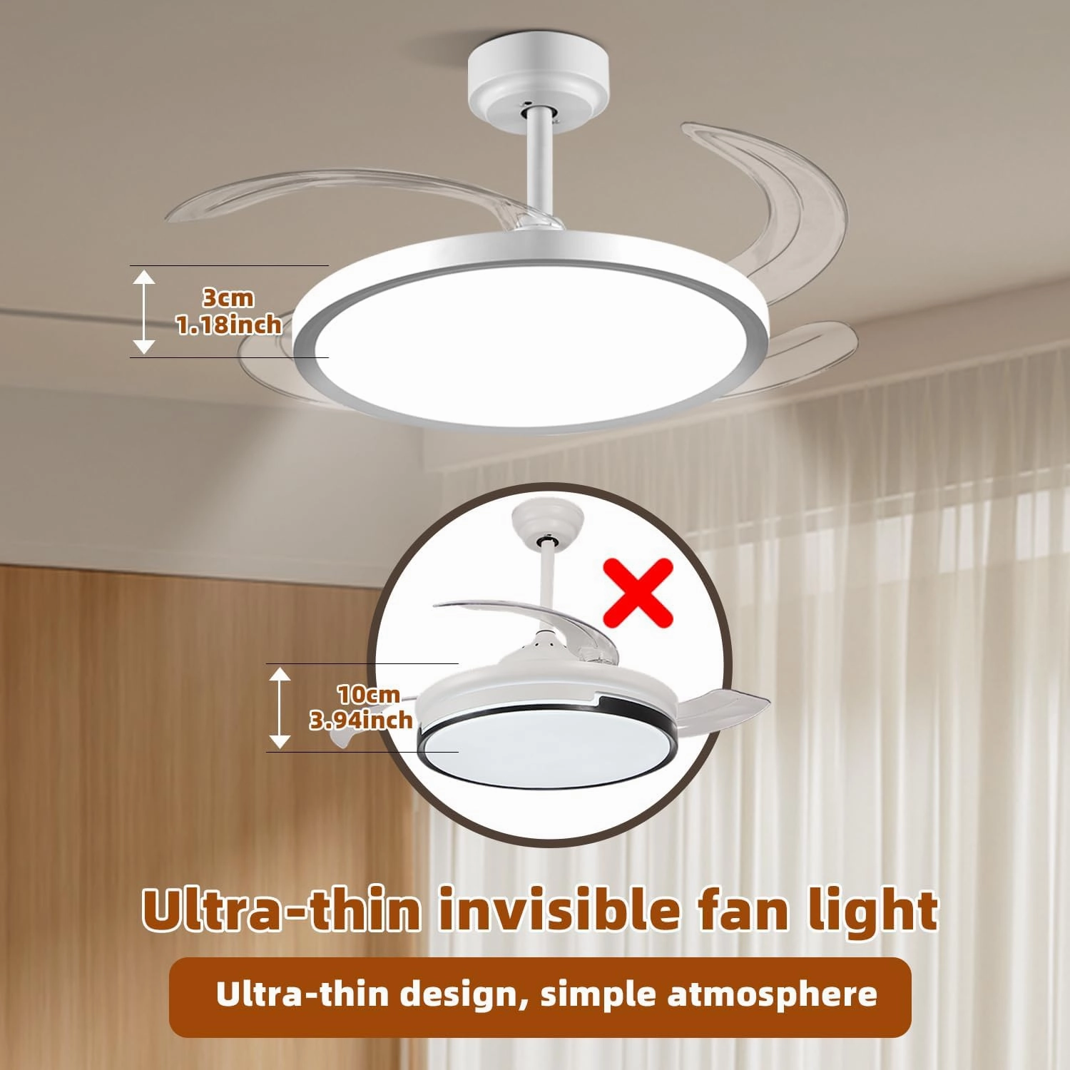 BAYSQUIRREL Slim Retractable Ceiling Fan with Lights and Remote/APP Control, 6 Speed Dimmable Reversible Memory, 42 Inch Modern Silent Smart Fan for Bedroom Living Room Dinning Room