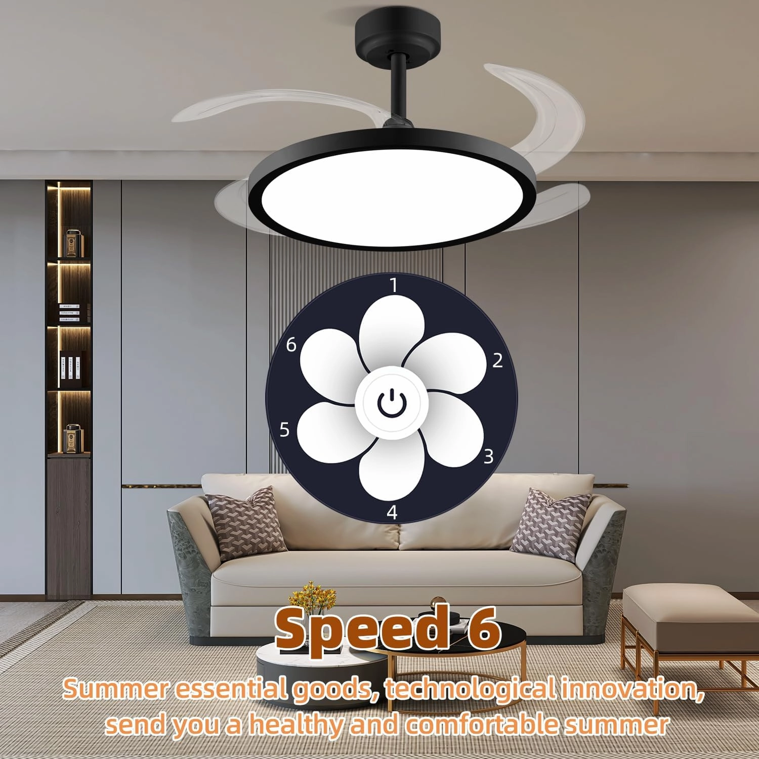 BAYSQUIRREL Slim Retractable Ceiling Fan with Lights and Remote/APP Control,6 Speed Dimmable Reversible Memory Ceiling Fan,42 inch Modern Silent Smart Ceiling Fans for Bedroom Living Room Dinning Room