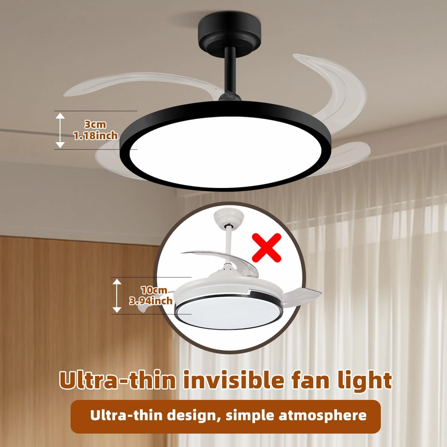 BAYSQUIRREL Slim Retractable Ceiling Fan with Lights and Remote/APP Control,6 Speed Dimmable Reversible Memory Ceiling Fan,42 inch Modern Silent Smart Ceiling Fans for Bedroom Living Room Dinning Room