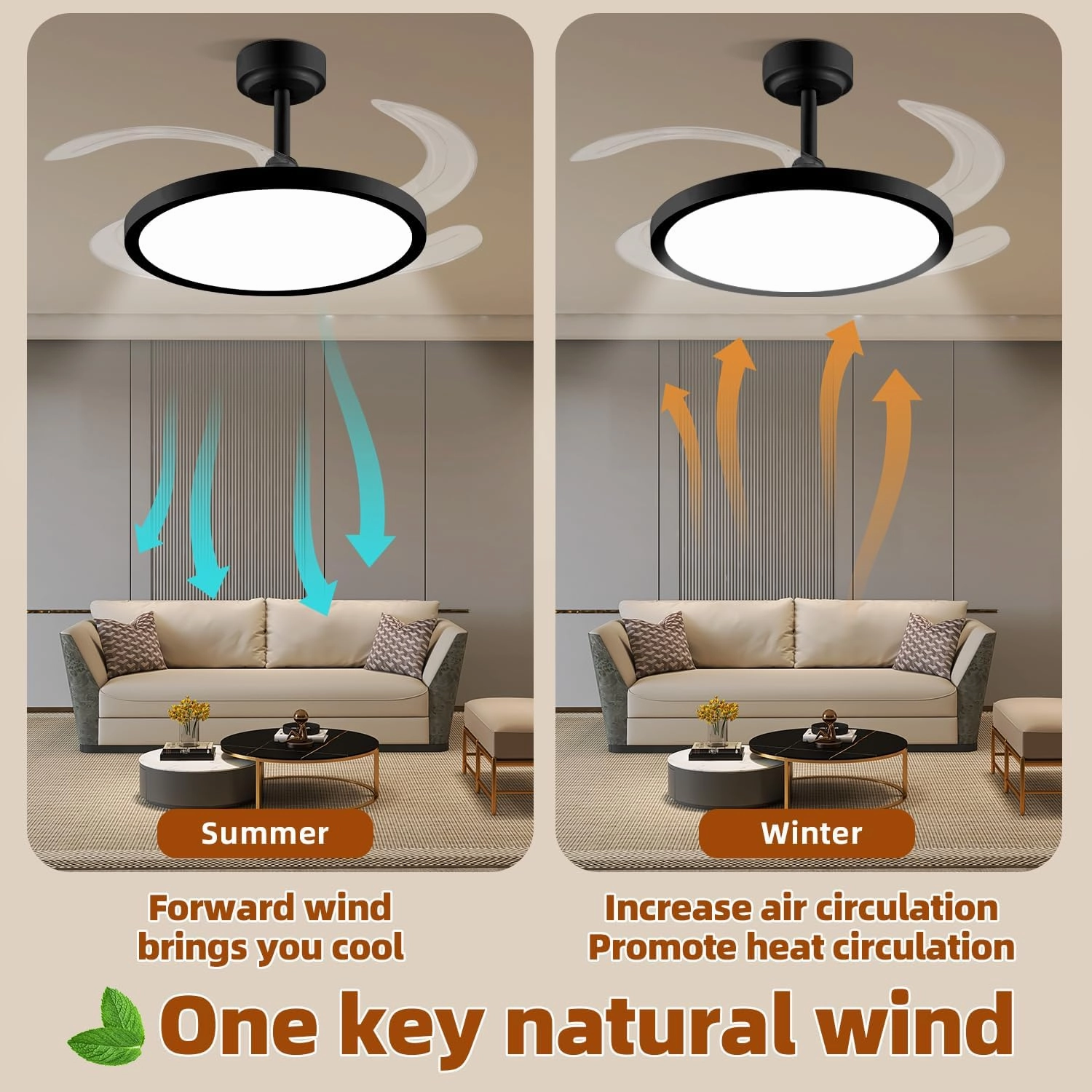 BAYSQUIRREL Slim Retractable Ceiling Fan with Lights and Remote/APP Control,6 Speed Dimmable Reversible Memory Ceiling Fan,42 inch Modern Silent Smart Ceiling Fans for Bedroom Living Room Dinning Room