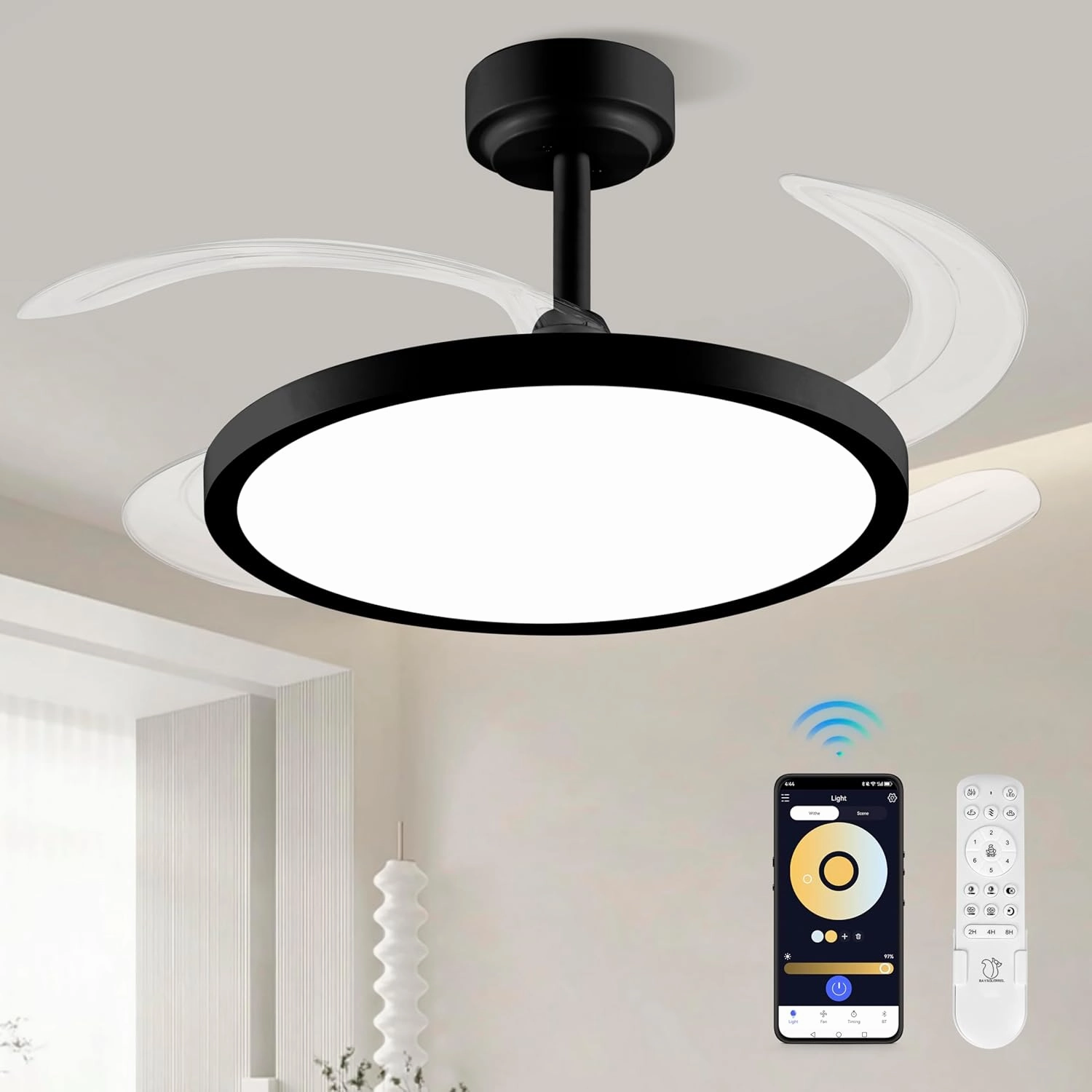 BAYSQUIRREL Slim Retractable Ceiling Fan with Lights and Remote/APP Control,6 Speed Dimmable Reversible Memory Ceiling Fan,42 inch Modern Silent Smart Ceiling Fans for Bedroom Living Room Dinning Room App-controlled remote fan for convenience