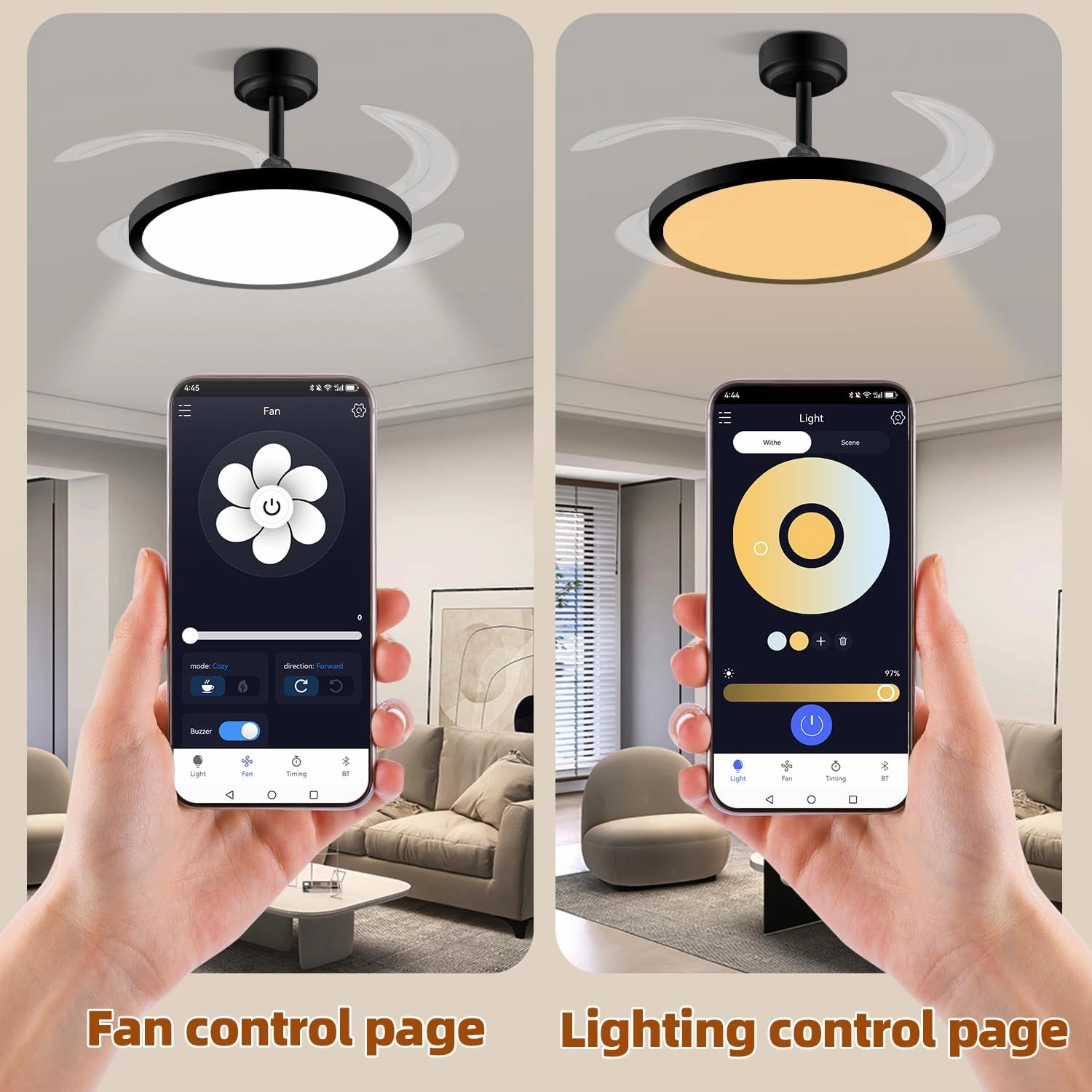 BAYSQUIRREL Slim Retractable Ceiling Fan with Lights and Remote/APP Control,6 Speed Dimmable Reversible Memory Ceiling Fan,42 inch Modern Silent Smart Ceiling Fans for Bedroom Living Room Dinning Room