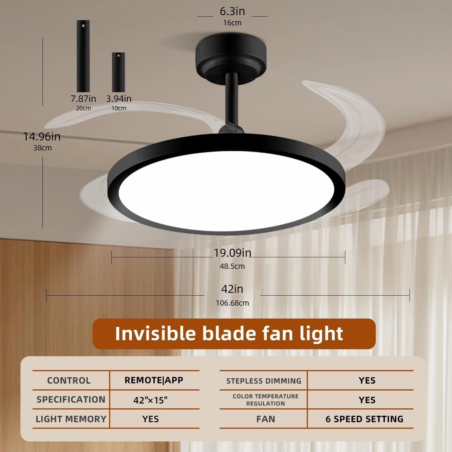 BAYSQUIRREL Slim Retractable Ceiling Fan with Lights and Remote/APP Control,6 Speed Dimmable Reversible Memory Ceiling Fan,42 inch Modern Silent Smart Ceiling Fans for Bedroom Living Room Dinning Room