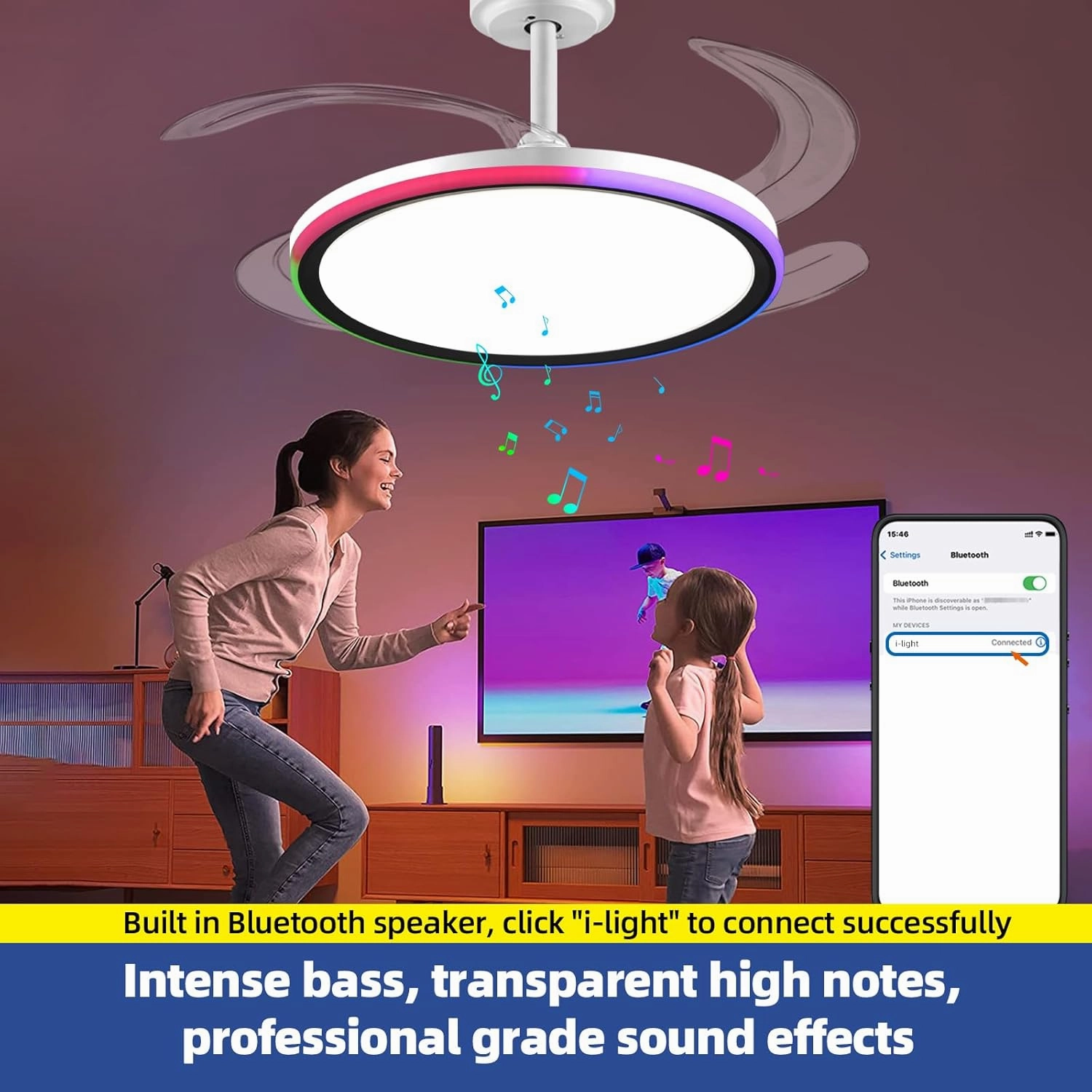 BAYSQUIRREL Slim RGB Retractable Ceiling Fan with Light and APP/Remote Control, 42inch Modern Smart Ceiling Fan with Bluetooth Speaker, Dimmable Full Spectrum with Memory, 6-Speed Reversible Fan,White