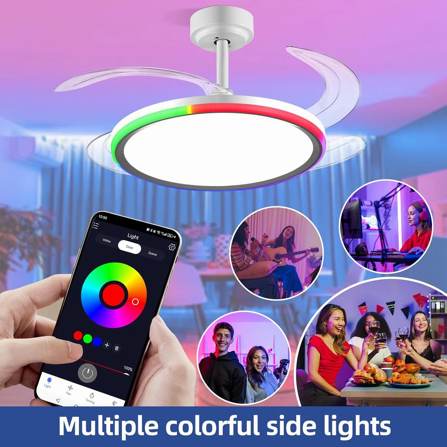 BAYSQUIRREL Slim RGB Retractable Ceiling Fan with Light and APP/Remote Control, 42inch Modern Smart Ceiling Fan with Bluetooth Speaker, Dimmable Full Spectrum with Memory, 6-Speed Reversible Fan,White