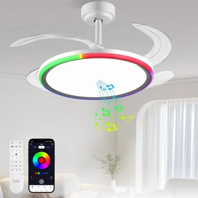 BAYSQUIRREL Slim RGB Retractable Ceiling Fan with Light and APP/Remote Control, 42inch Modern Smart Ceiling Fan with Bluetooth Speaker, Dimmable Full Spectrum with Memory, 6-Speed Reversible Fan,White App-controlled remote fan for convenience