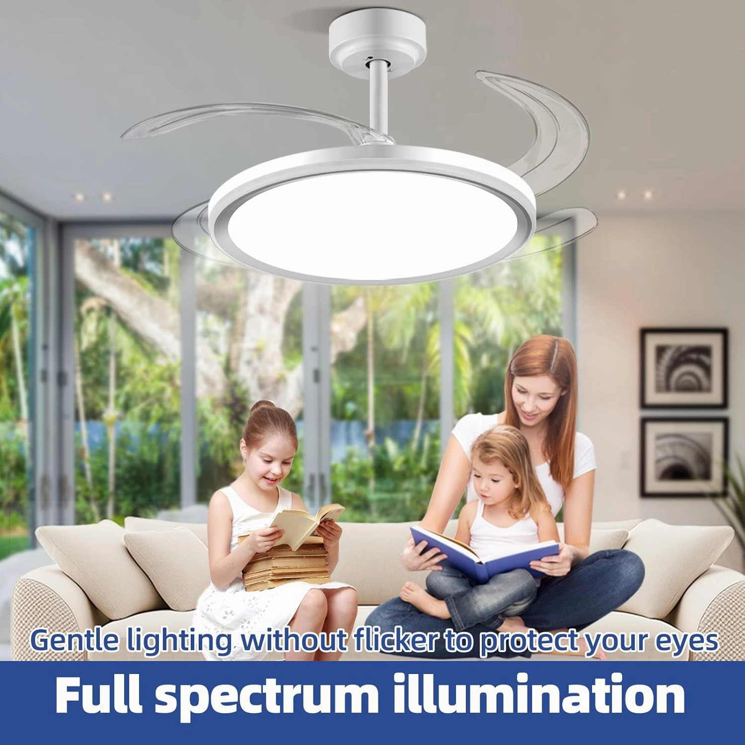 BAYSQUIRREL Slim RGB Retractable Ceiling Fan with Light and APP/Remote Control, 42inch Modern Smart Ceiling Fan with Bluetooth Speaker, Dimmable Full Spectrum with Memory, 6-Speed Reversible Fan,White