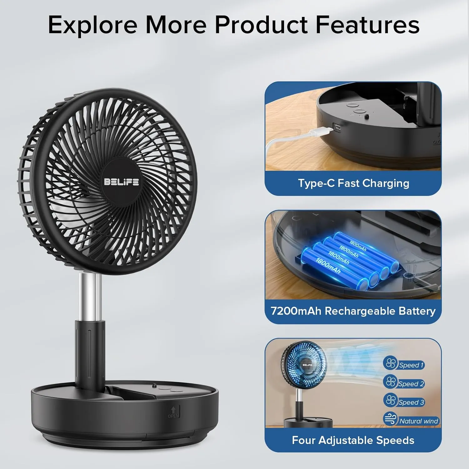 Belife X8 Portable Fan, 7200mAh Battery Powered Rechargeable, Oscillating USB Desk Floor Fan with Remote, Foldable Telescopic Fan for Home Bedroom Sleeping Office Camping Travel, 7.7" (Black)