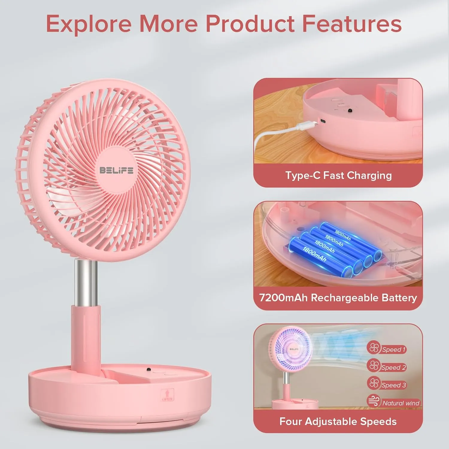 Belife X8 Portable Fan, 7200mAh Battery Powered Rechargeable, Oscillating USB Desk Floor Fan with Remote, Foldable Telescopic Fan for Home Bedroom Sleeping Office Camping Travel, 7.7" (Pink)