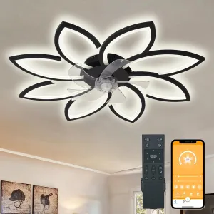 Bella Depot 35" Bladeless Flower Ceiling Fan Low-Profile Flush Mount Ceiling Fan with Lights and Remote Dimmable 3 Color 6 Speeds for Bedroom Girls (Black-8head) Small bladeless fan for quiet cooling