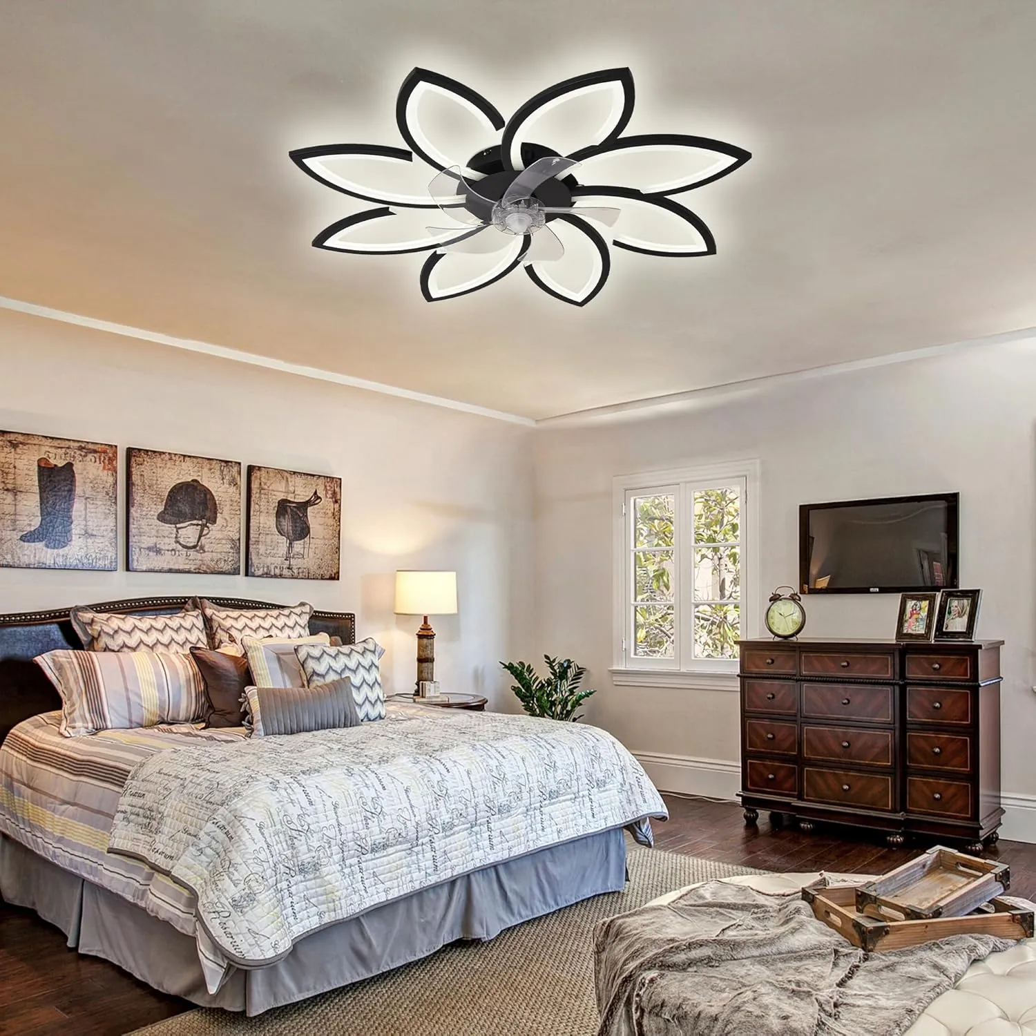 Bella Depot 35" Bladeless Flower Ceiling Fan Low-Profile Flush Mount Ceiling Fan with Lights and Remote Dimmable 3 Color 6 Speeds for Bedroom Girls (Black-8head)