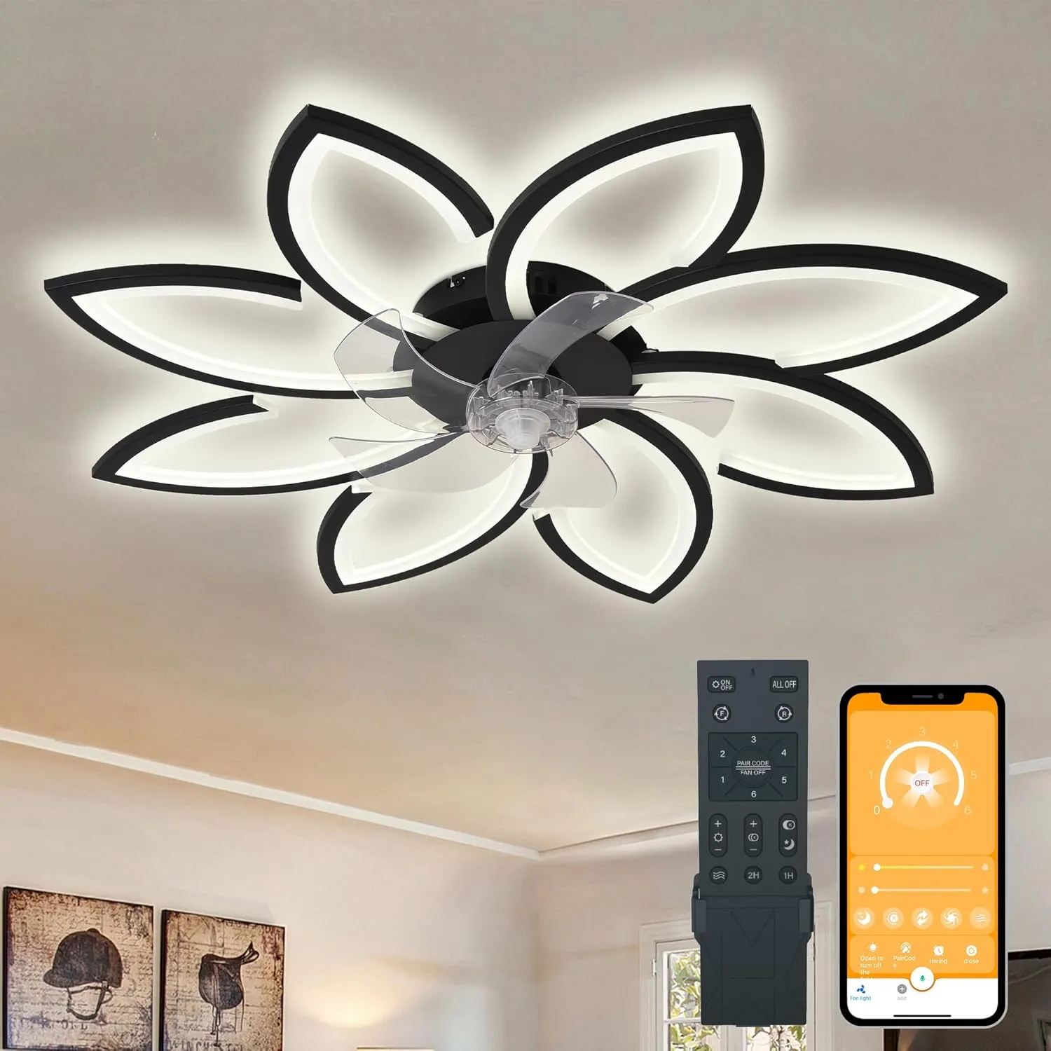 Bella Depot 35" Bladeless Flower Ceiling Fan Low-Profile Flush Mount Ceiling Fan with Lights and Remote Dimmable 3 Color 6 Speeds for Bedroom Girls (Black-8head) Small bladeless fan for quiet cooling