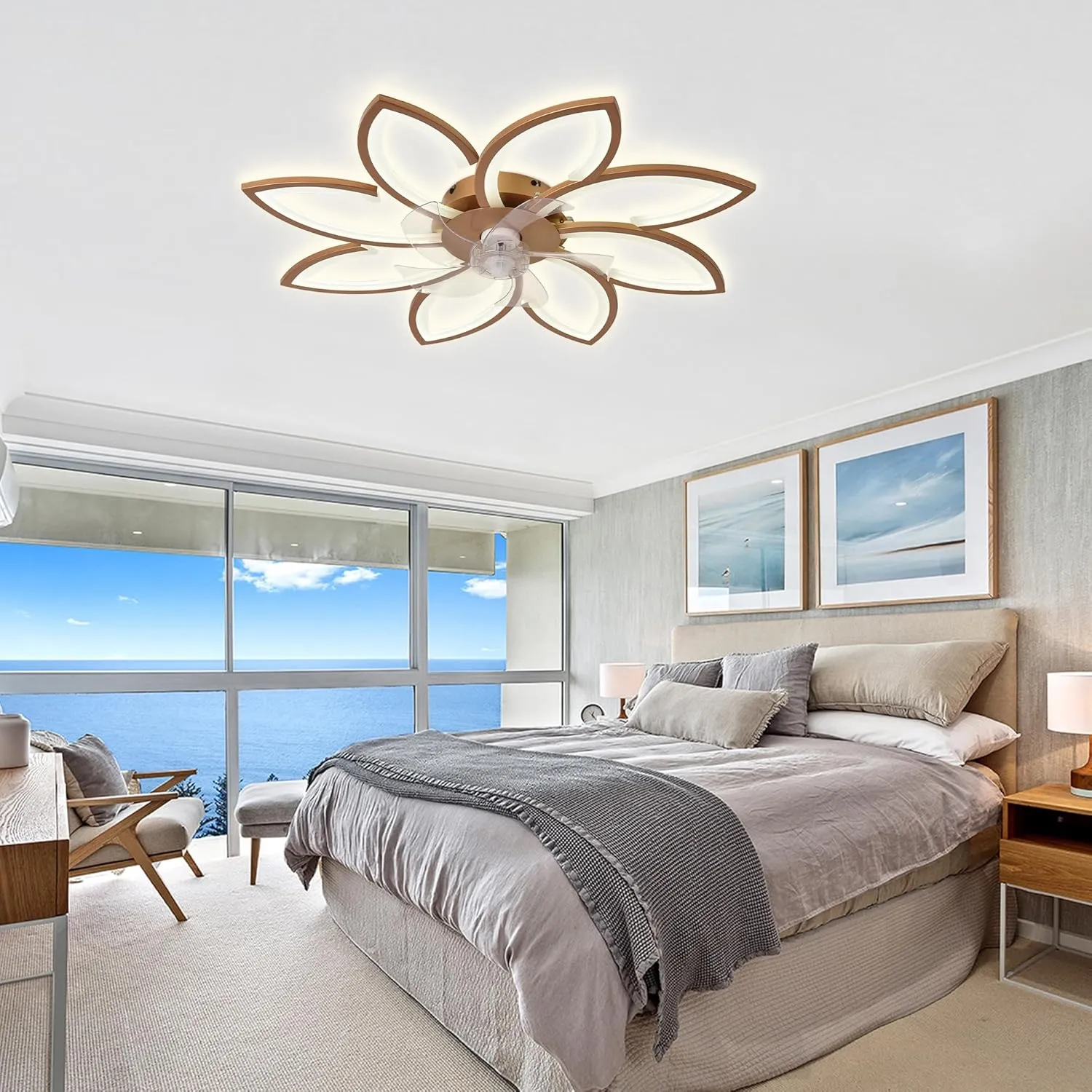 Bella Depot 35" Bladeless Flower Ceiling Fan Low-Profile Flush Mount Ceiling Fan with Lights and Remote Dimmable 3 Color 6 Speeds for Bedroom Girls (Gold-8head)