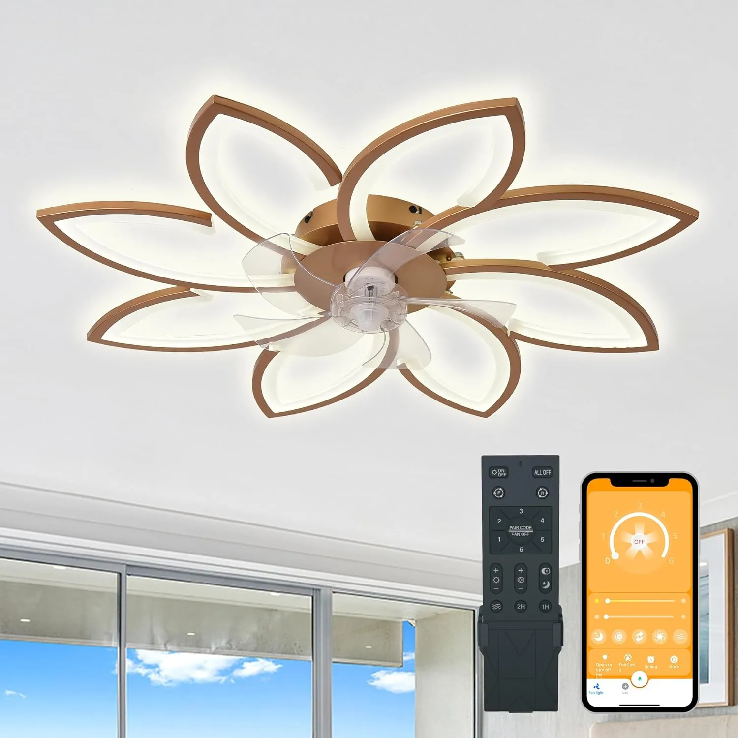 Bella Depot 35" Bladeless Flower Ceiling Fan Low-Profile Flush Mount Ceiling Fan with Lights and Remote Dimmable 3 Color 6 Speeds for Bedroom Girls (Gold-8head) Small bladeless fan for quiet cooling