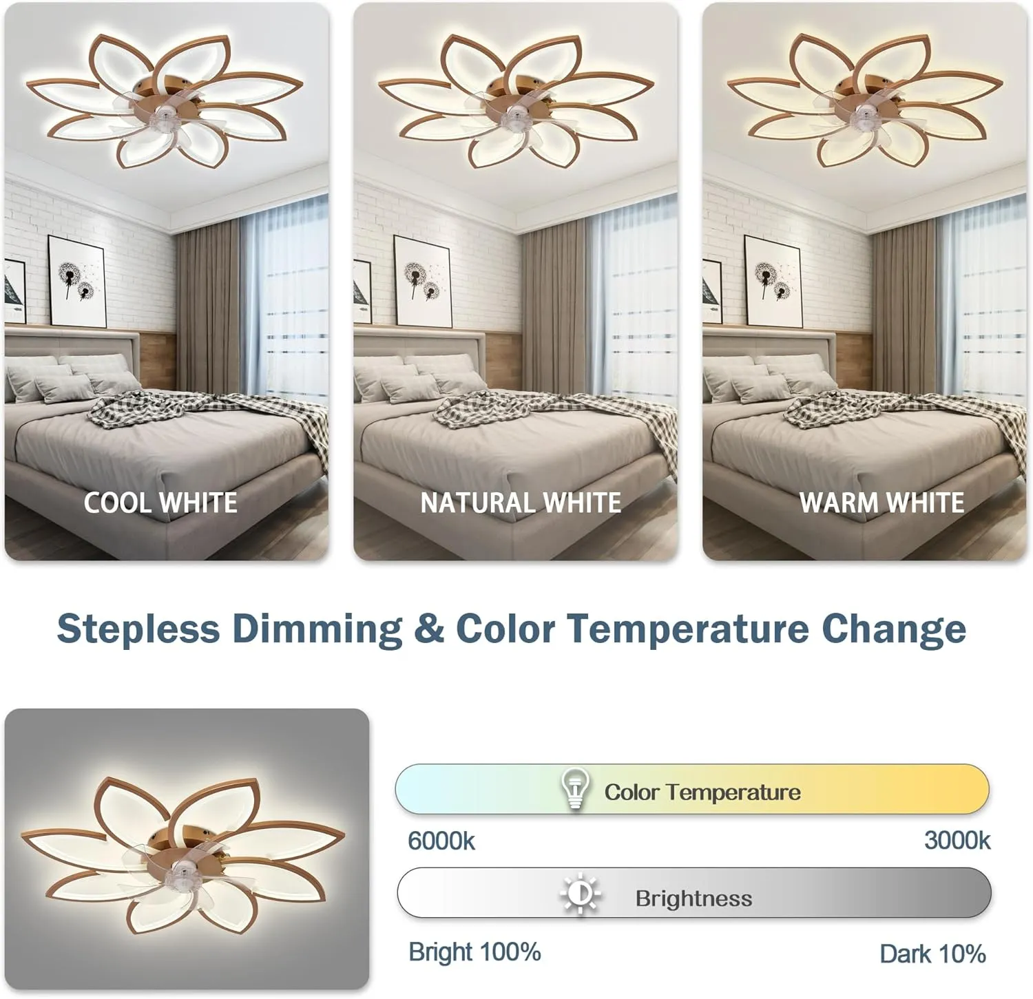 Bella Depot 35" Bladeless Flower Ceiling Fan Low-Profile Flush Mount Ceiling Fan with Lights and Remote Dimmable 3 Color 6 Speeds for Bedroom Girls (Gold-8head)