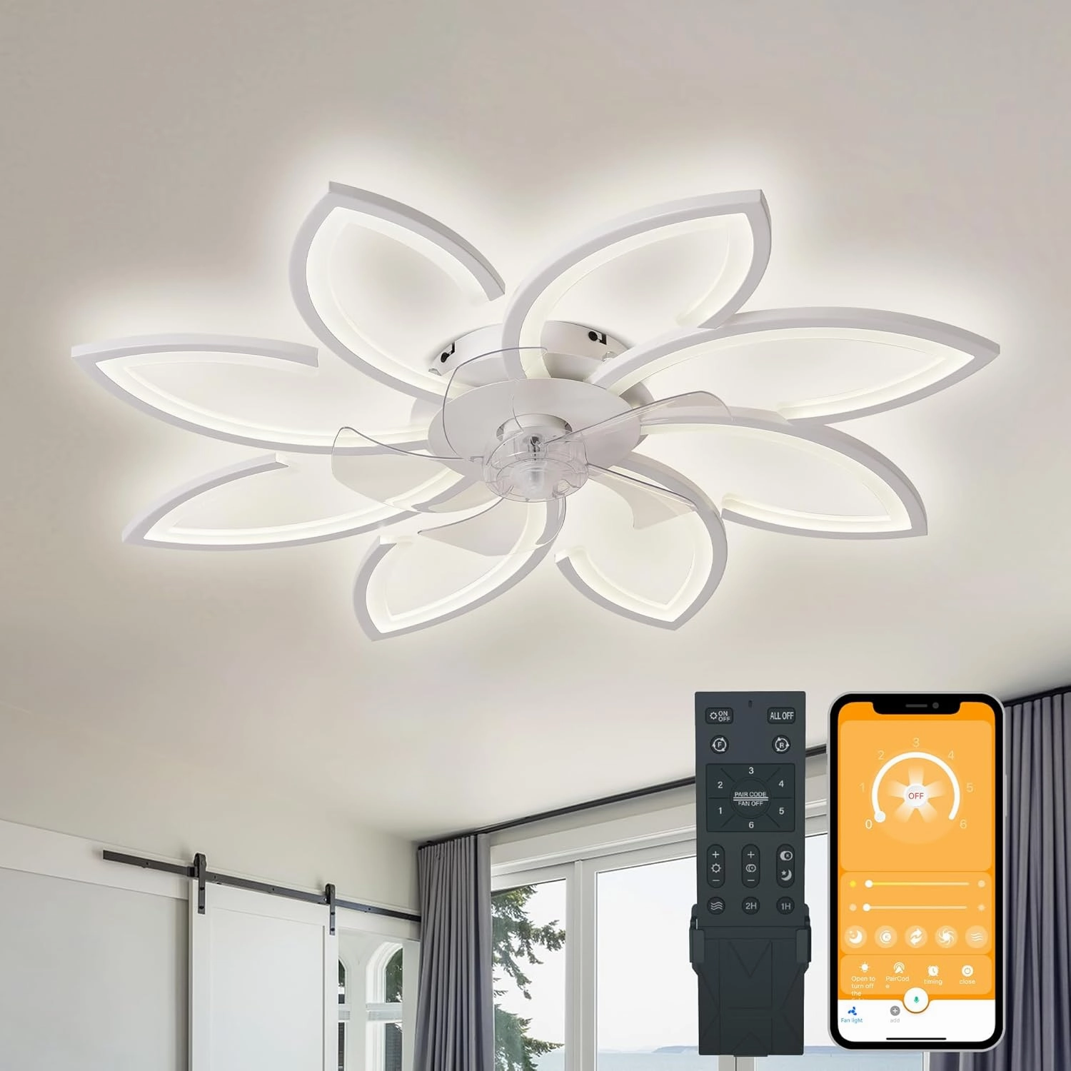 Bella Depot 35" Bladeless Flower Ceiling Fan Low-Profile Flush Mount Ceiling Fan with Lights and Remote Dimmable 3 Color 6 Speeds for Bedroom Girls (White-8head) Small bladeless fan for quiet cooling