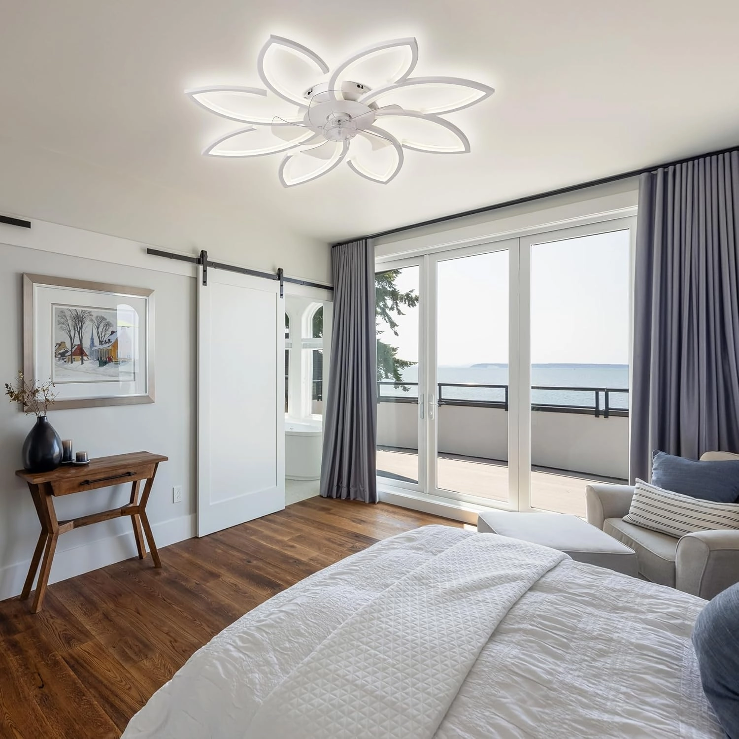 Bella Depot 35" Bladeless Flower Ceiling Fan Low-Profile Flush Mount Ceiling Fan with Lights and Remote Dimmable 3 Color 6 Speeds for Bedroom Girls (White-8head)