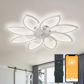 Bella Depot 35" Bladeless Flower Ceiling Fan Low-Profile Flush Mount Ceiling Fan with Lights and Remote Dimmable 3 Color 6 Speeds for Bedroom Girls (White-8head) Small bladeless fan for quiet cooling
