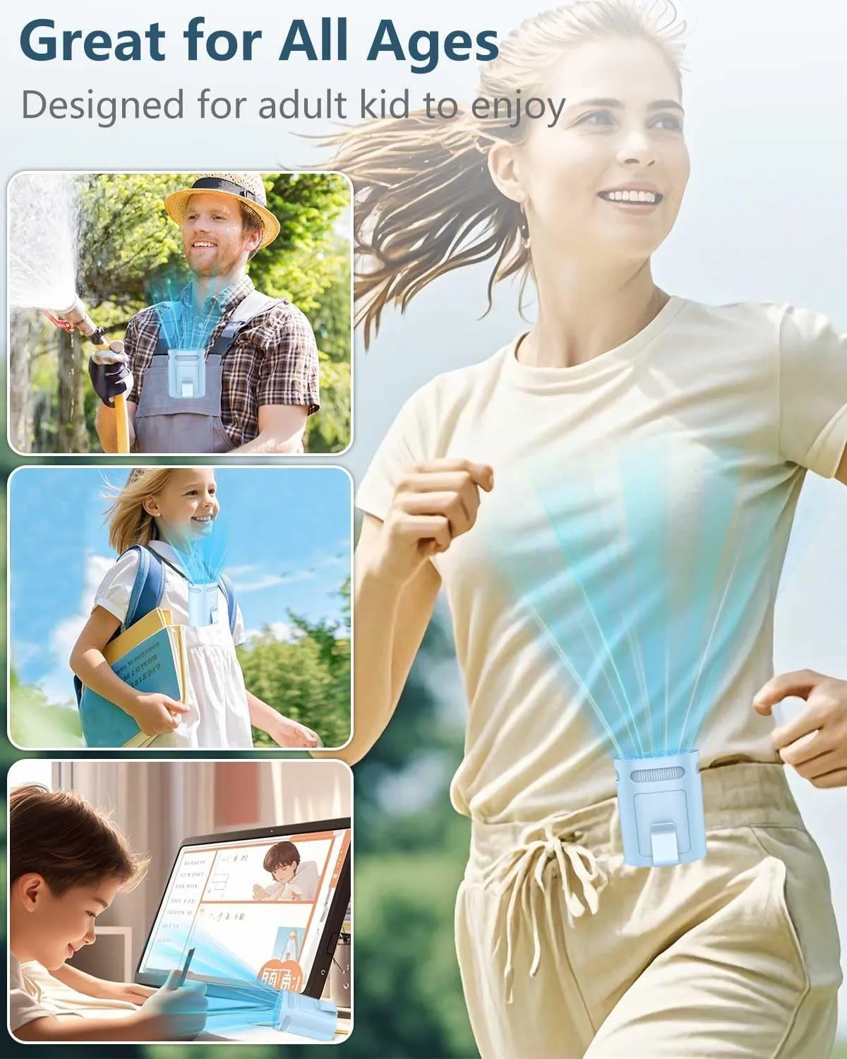 Belt Fan Clip On Waist Portable Cooling Fan-Small Lightweight Person Chargeable Strong Airflow Handsfree Neck Fan Neckband,Blue Inside T Shirt Fans that Blow Cold Air for Construction Workers Children