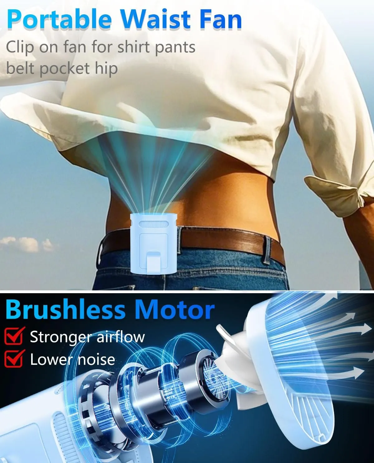 Belt Fan Clip on Waist Portable Cooling Fans-Tiny Person Waistband Necklace Fan,Recargable Under T Shirt Body Fans,Light Weight Hanging Around Neck Cooler AC,Best Gifts Adults Child Woman Man Blue