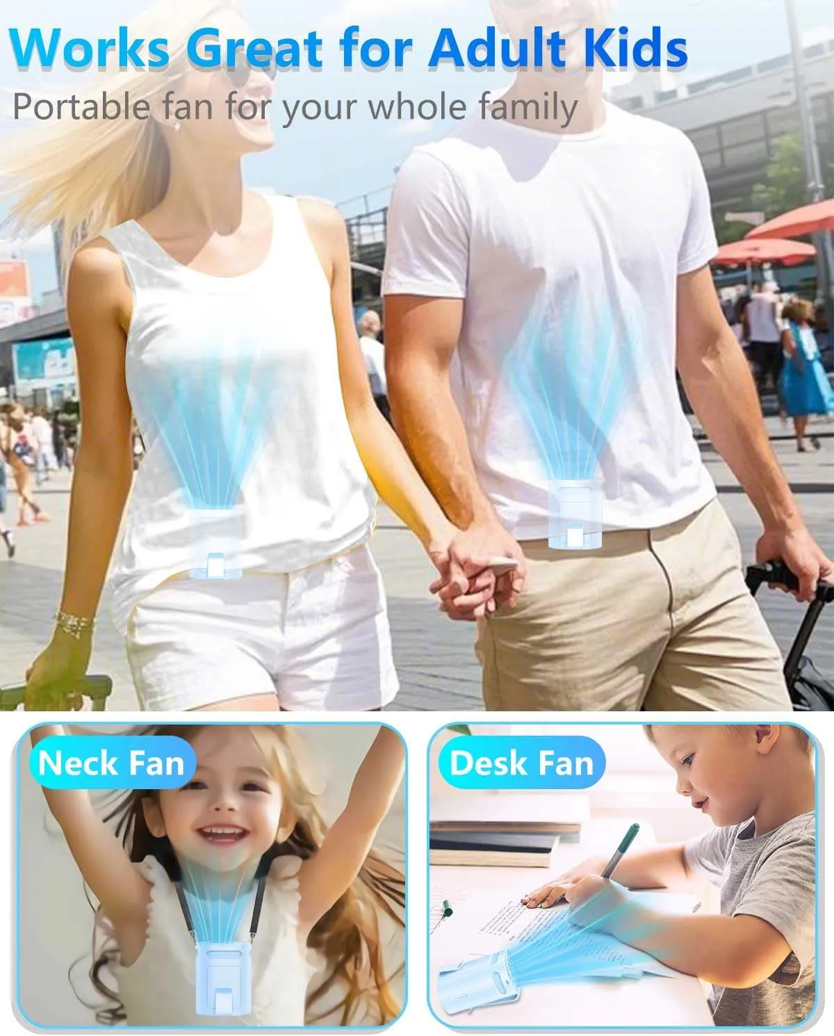 Belt Fan Clip on Waist Portable Cooling Fans-Tiny Person Waistband Necklace Fan,Recargable Under T Shirt Body Fans,Light Weight Hanging Around Neck Cooler AC,Best Gifts Adults Child Woman Man Blue