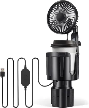 Benlari USB Car Fan with Cup Holder - Upgraded 2 in 1 Cup Fan Holder with 3 Powerful Speed Cooling Wind - Adjustable Extended Bracket Cup Holder for Vehicle Van Truck SUV RV Solar-powered car fan for ventilation
